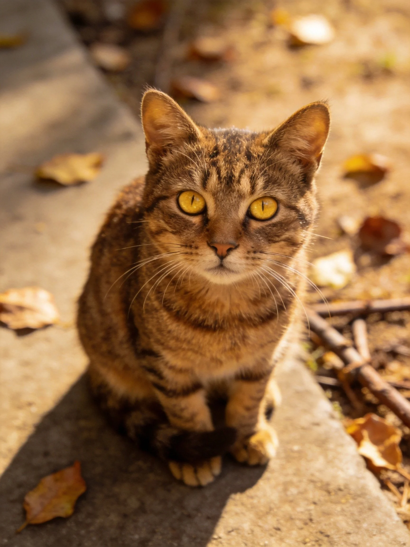A brown tabby cat with yellow eyes sits amid scattered autumn leaves.