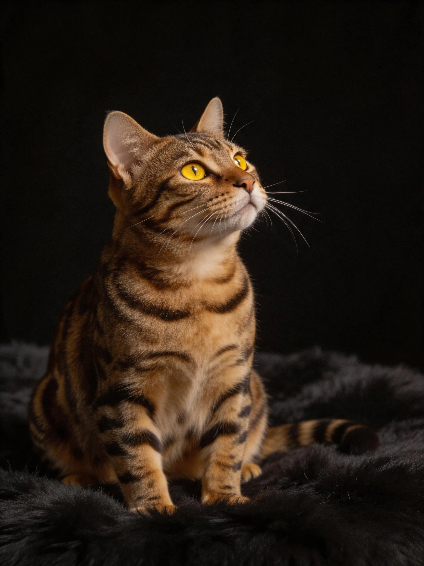 A brown tabby cat with bright yellow eyes sits on a black fur blanket