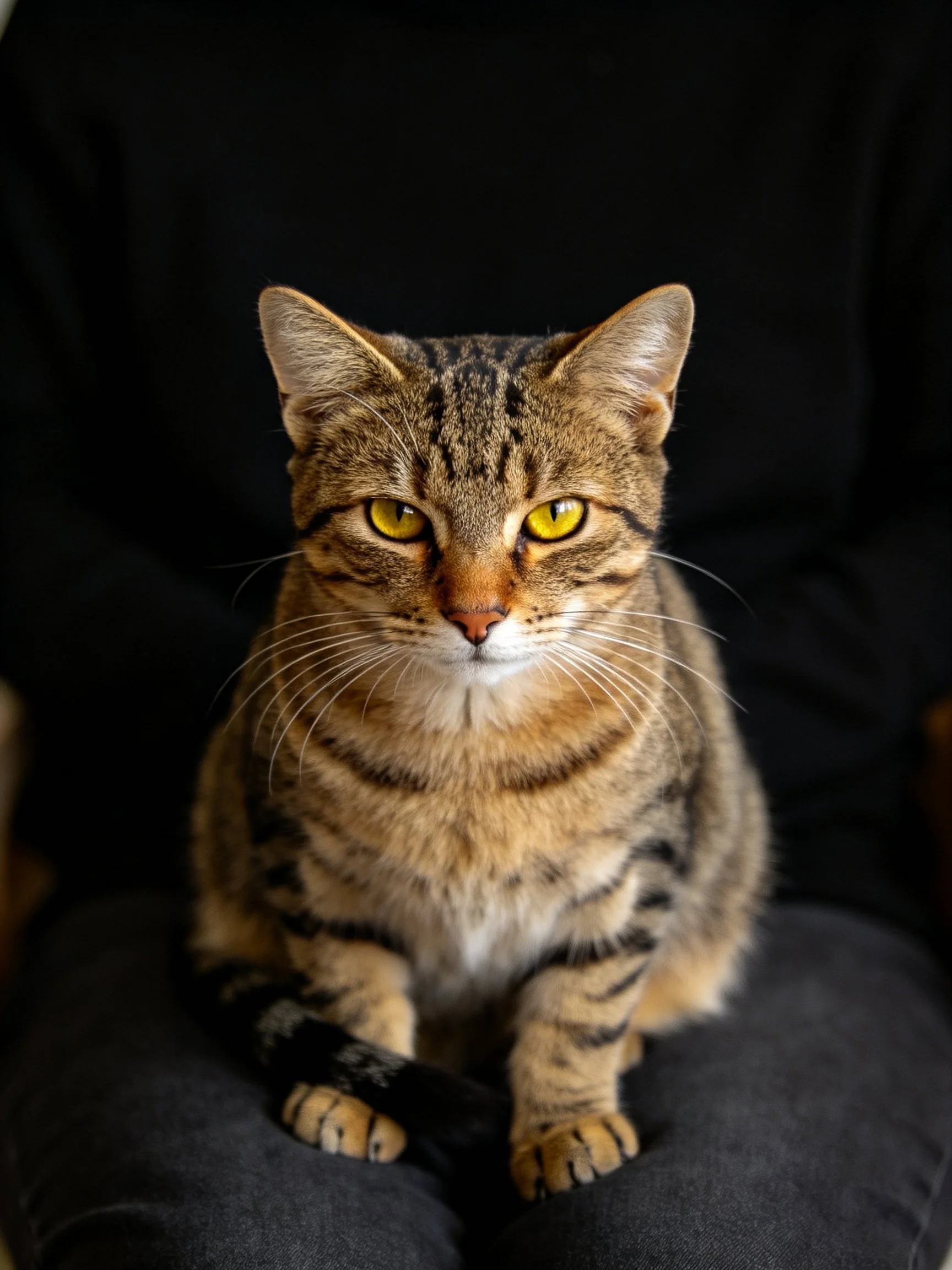 A brown tabby cat with bright yellow eyes sits calmly on dark fabric