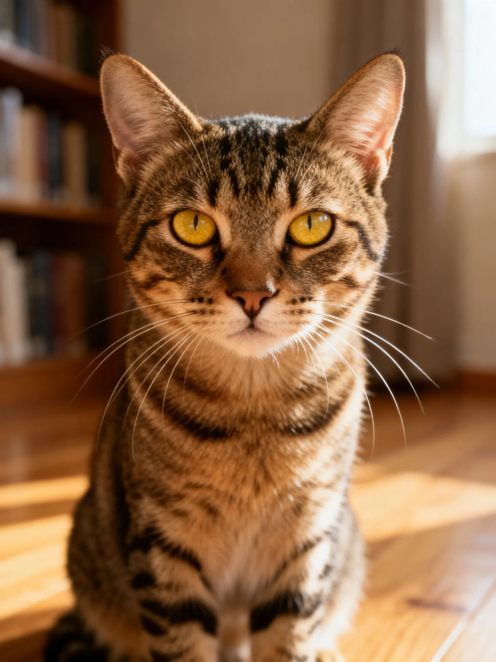 A brown tabby cat with bright yellow eyes rests on wooden flooring in a warmly lit room.