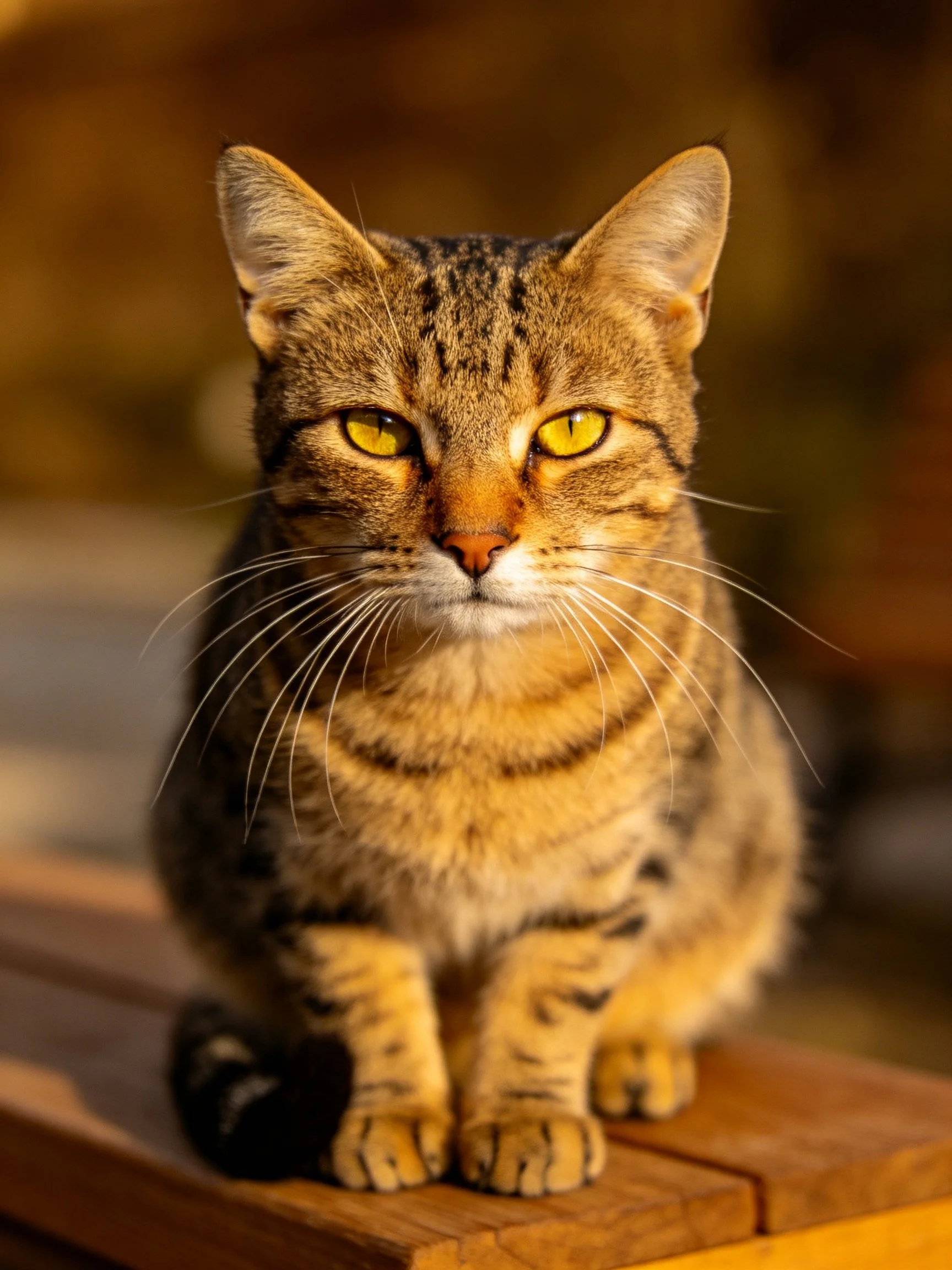 A brown tabby cat with bright yellow eyes sits calmly on wooden planks