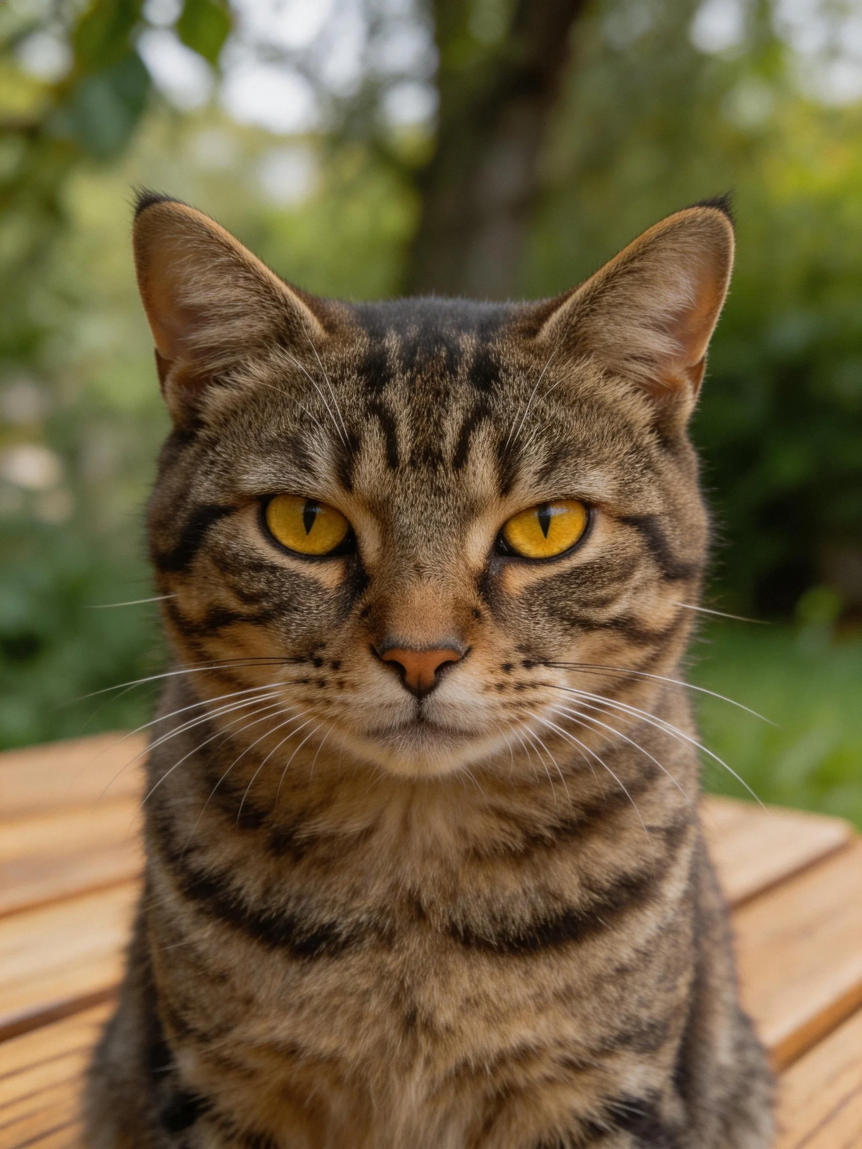 A brown tabby cat with yellow eyes sits near greenery outdoors.