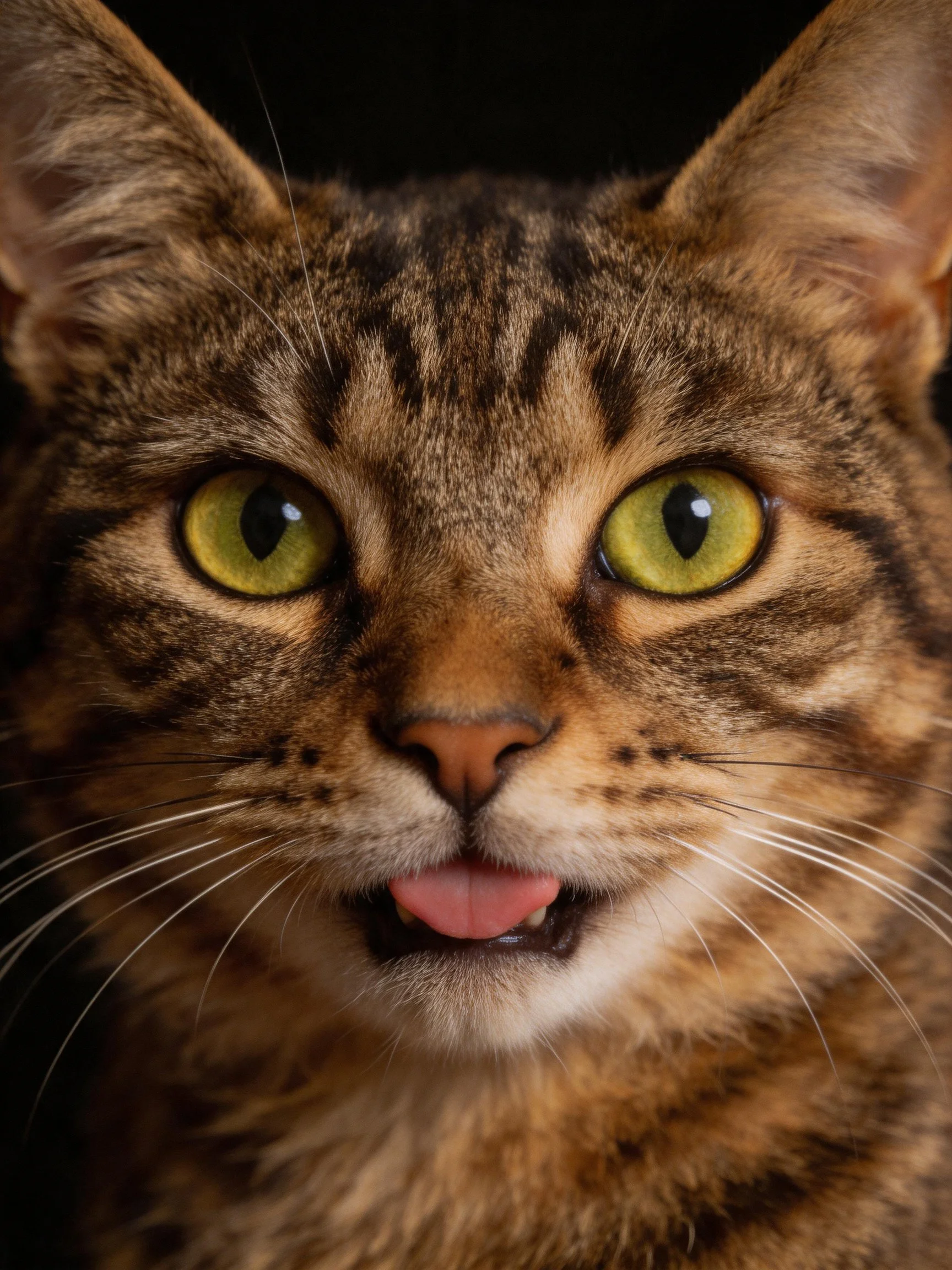 A brown tabby cat with bright yellow-green eyes is shown in a close-up photograph.