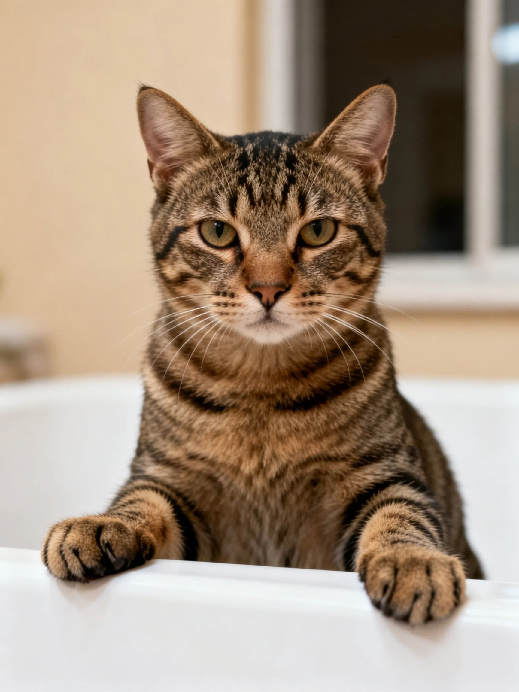 A brown tabby cat with dark stripes sits in a white tub