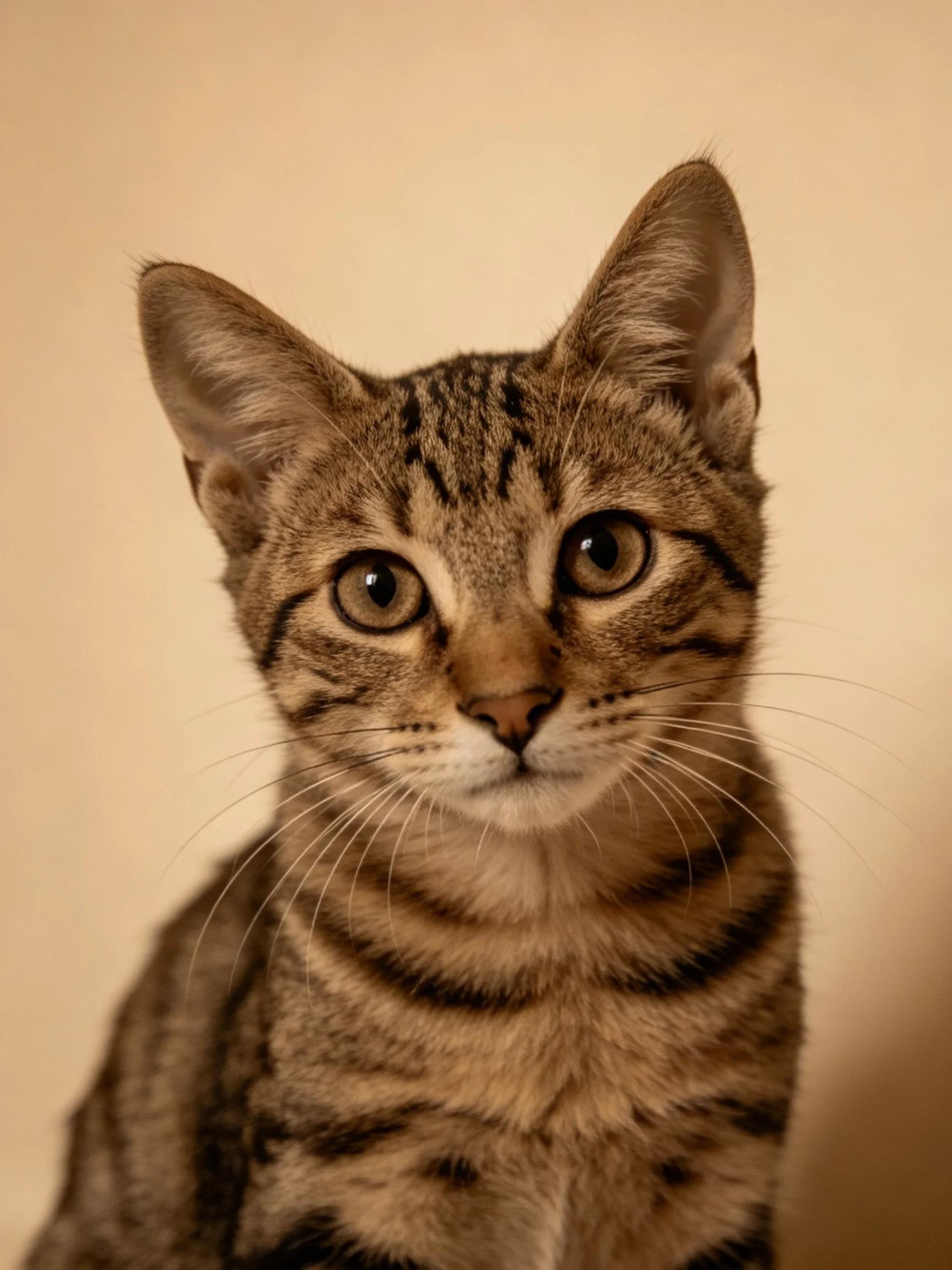 A brown tabby cat with distinct striped markings