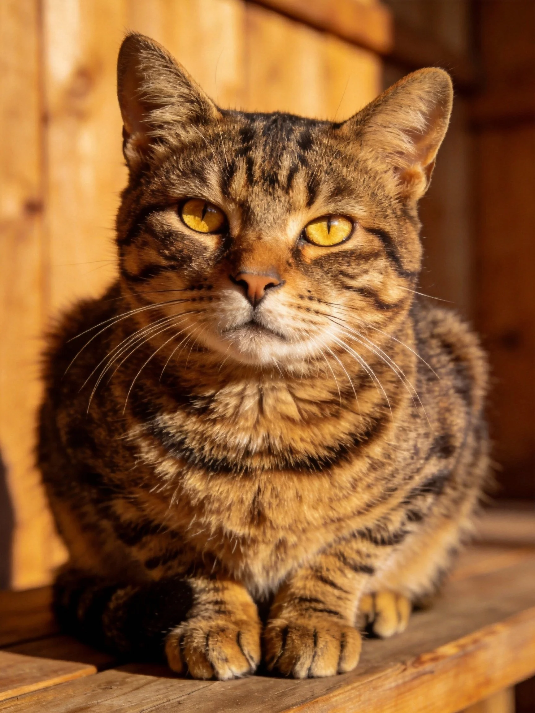 A brown tabby cat with golden eyes sits calmly on wooden surfaces.