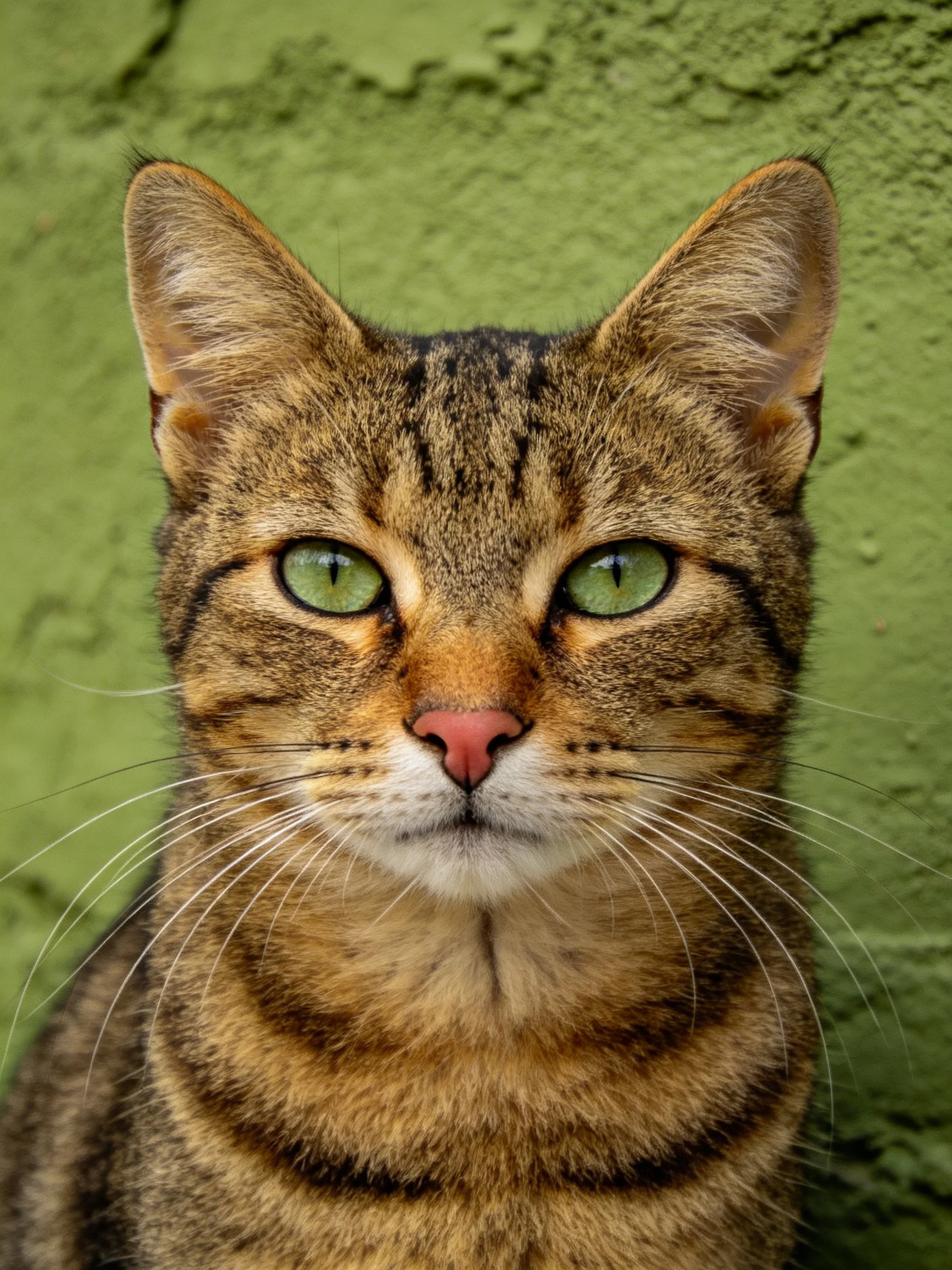A brown tabby cat with green eyes is positioned near a textured green wall.