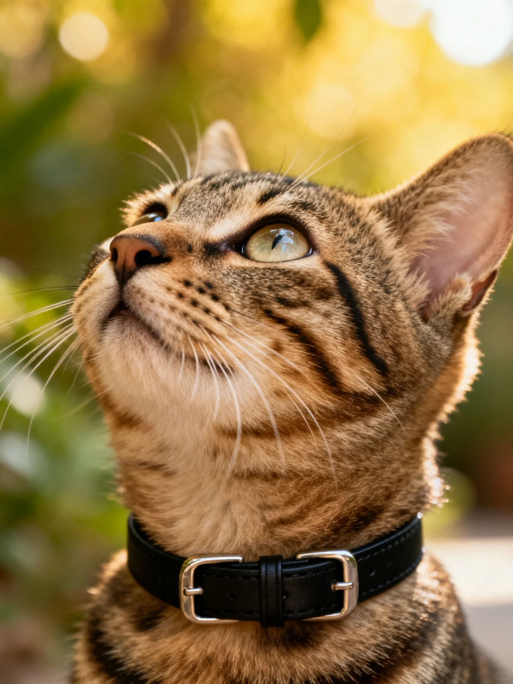 A tabby cat wearing a black collar looks upward amid a sunlit, blurred outdoor background.