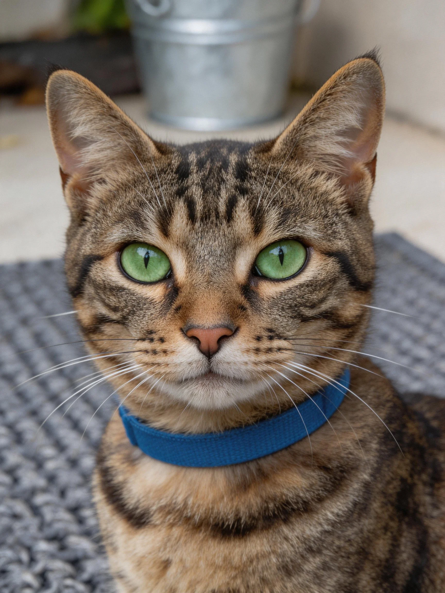 A brown tabby cat with green eyes and a blue collar sits on a textured mat.
