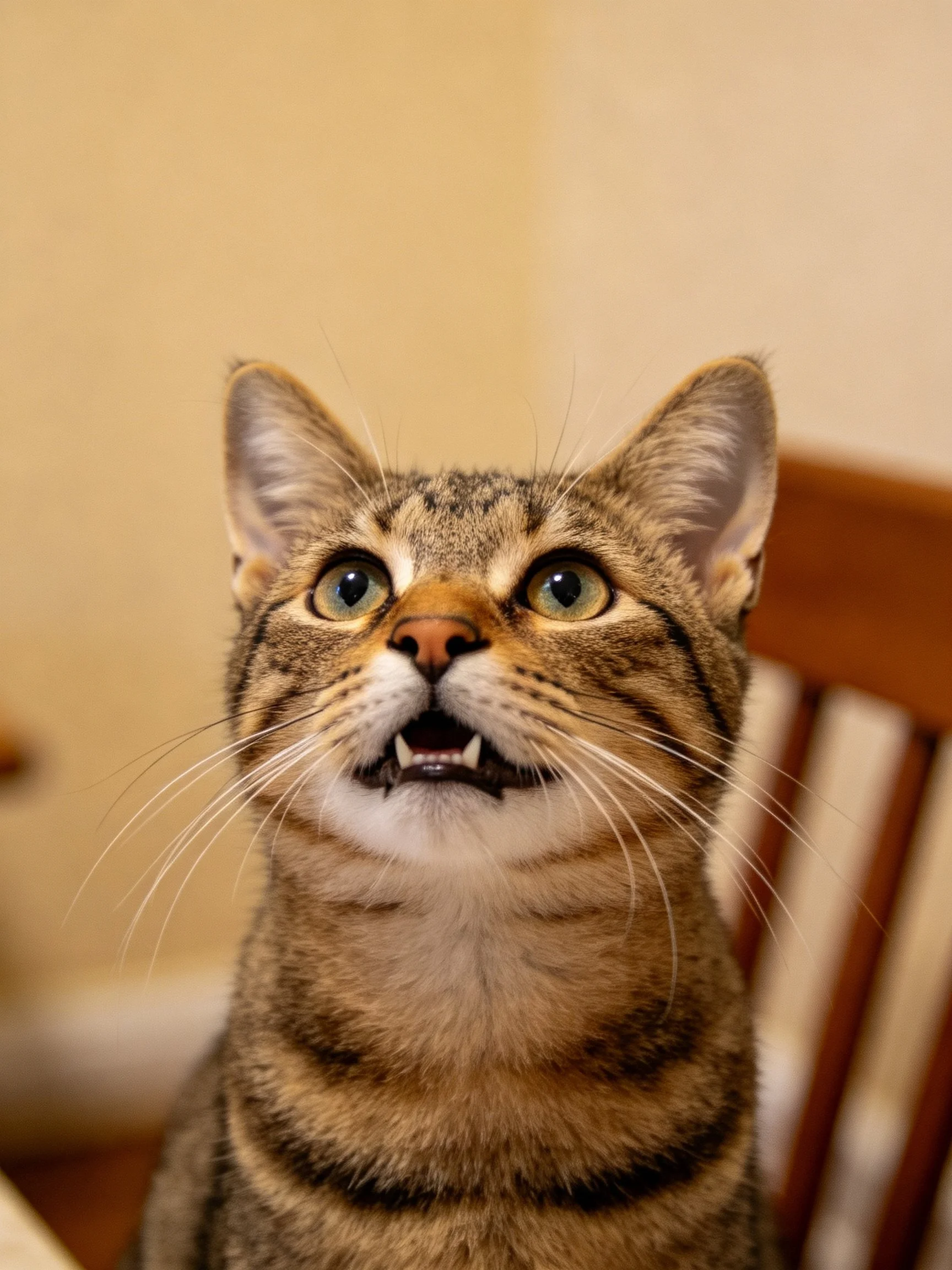 A brown tabby cat looks upward with its mouth open.