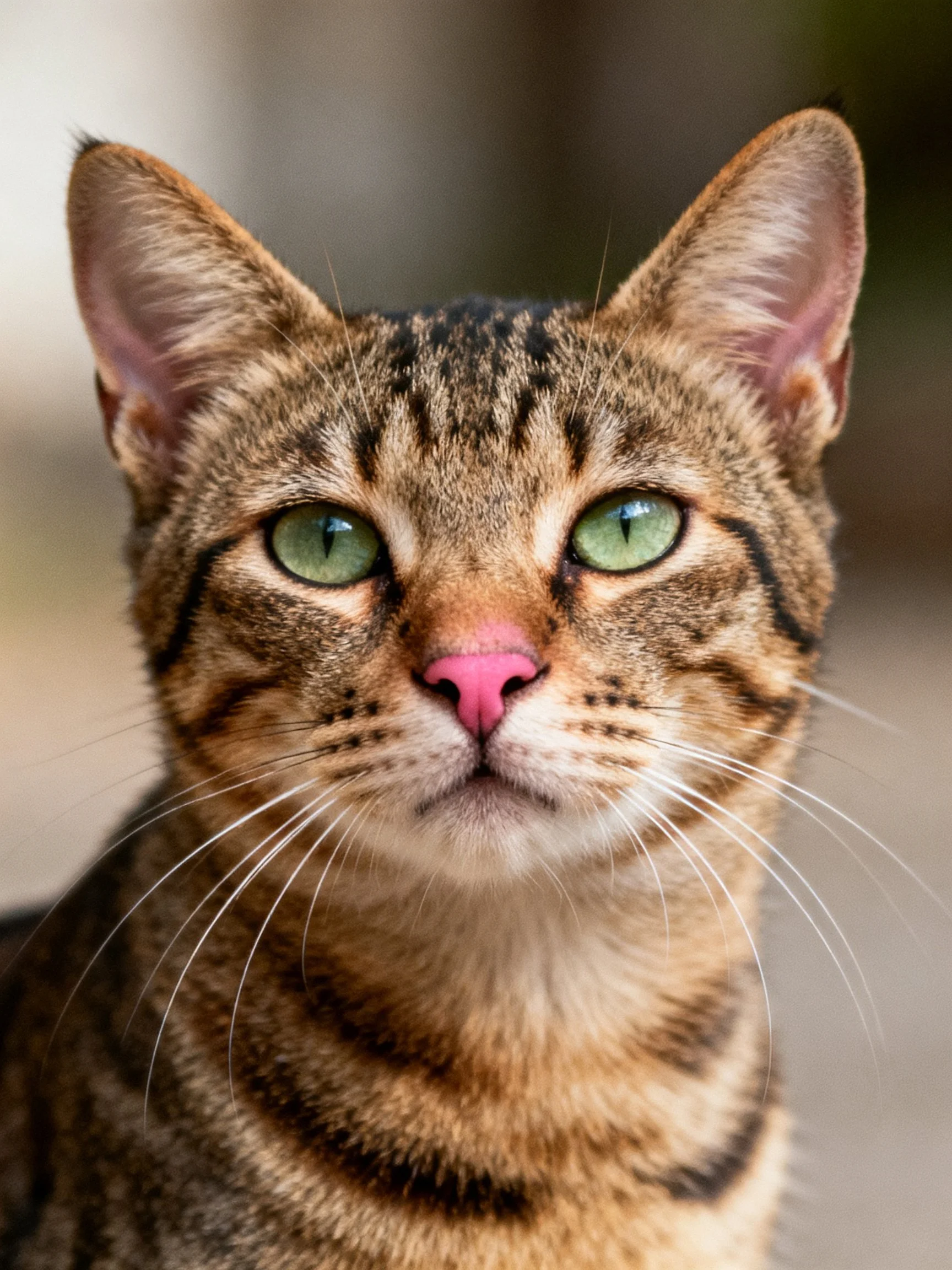 A brown tabby cat with green eyes and pink nose