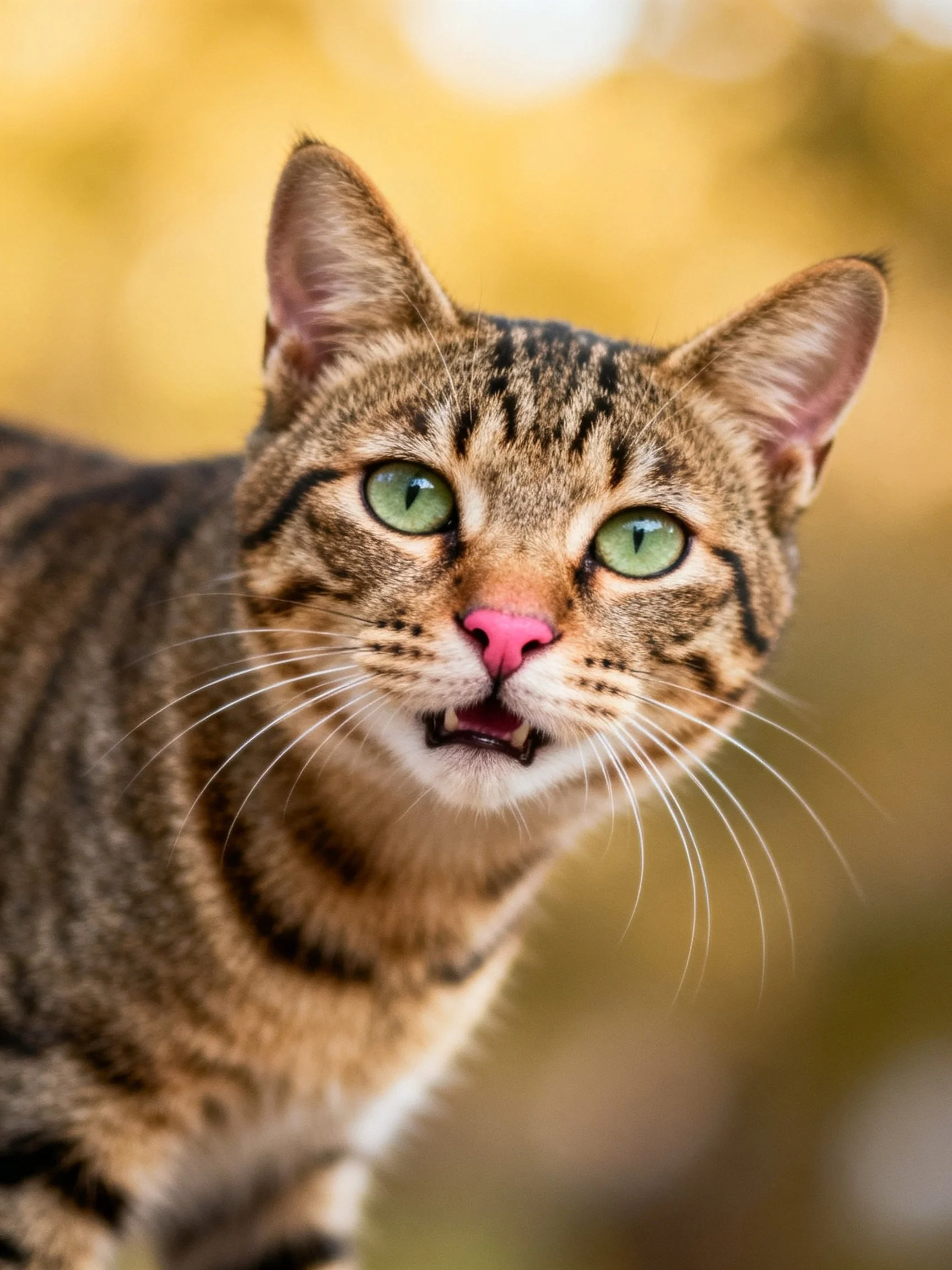 A brown tabby cat with green eyes and pink nose looks directly at the viewer against a blurred golden background.