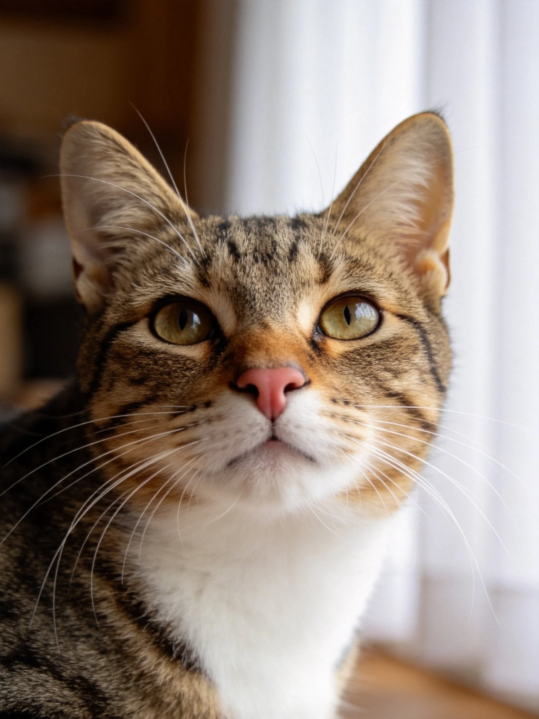 A brown tabby cat with green eyes and white chest in close-up
