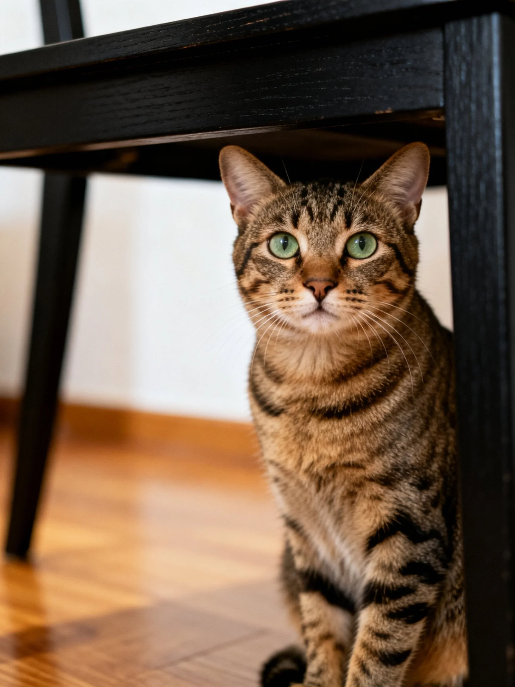 A brown tabby cat with green eyes hides under a black wooden chair