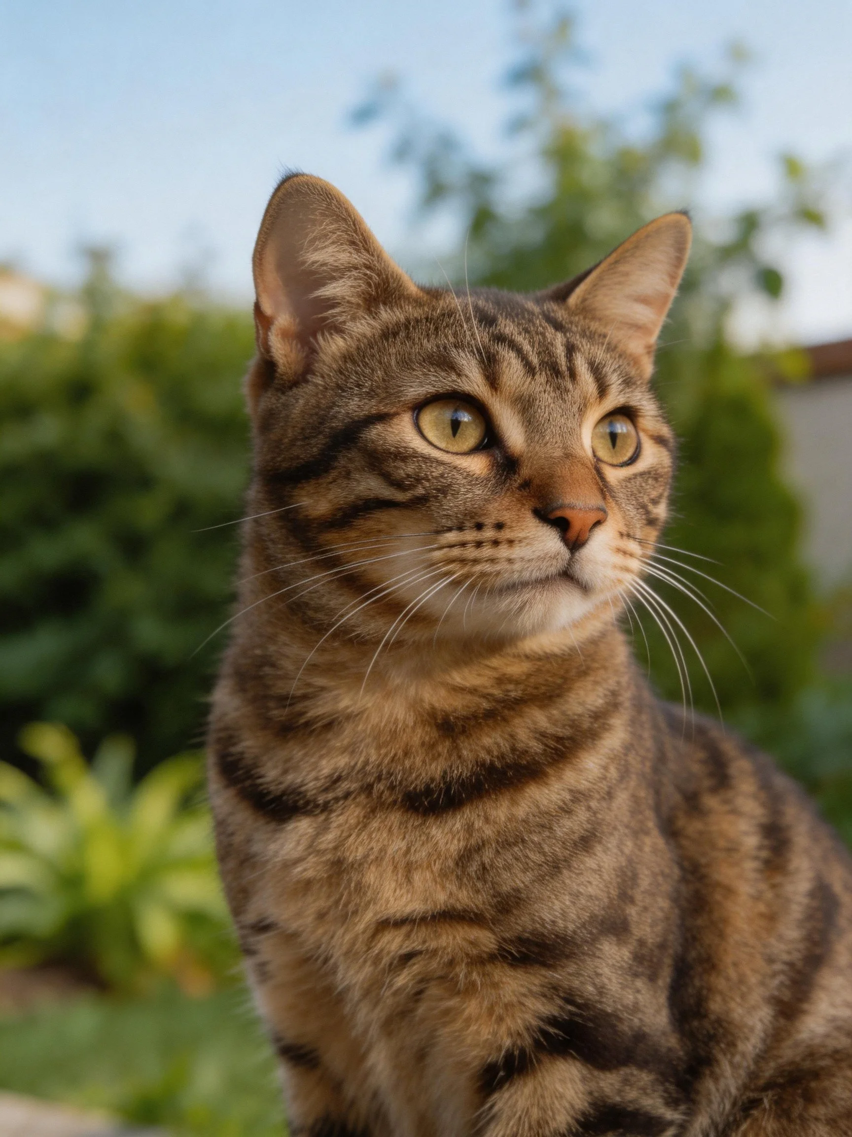 A brown tabby cat with green eyes in a lush garden