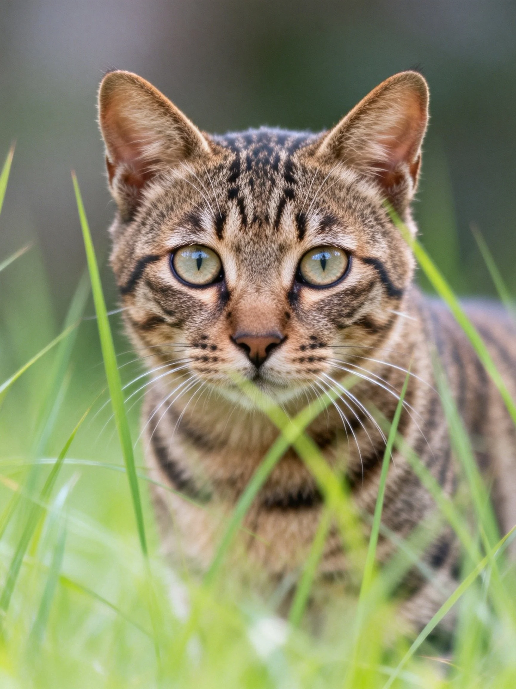A brown tabby cat with green eyes is nestled among tall grass.
