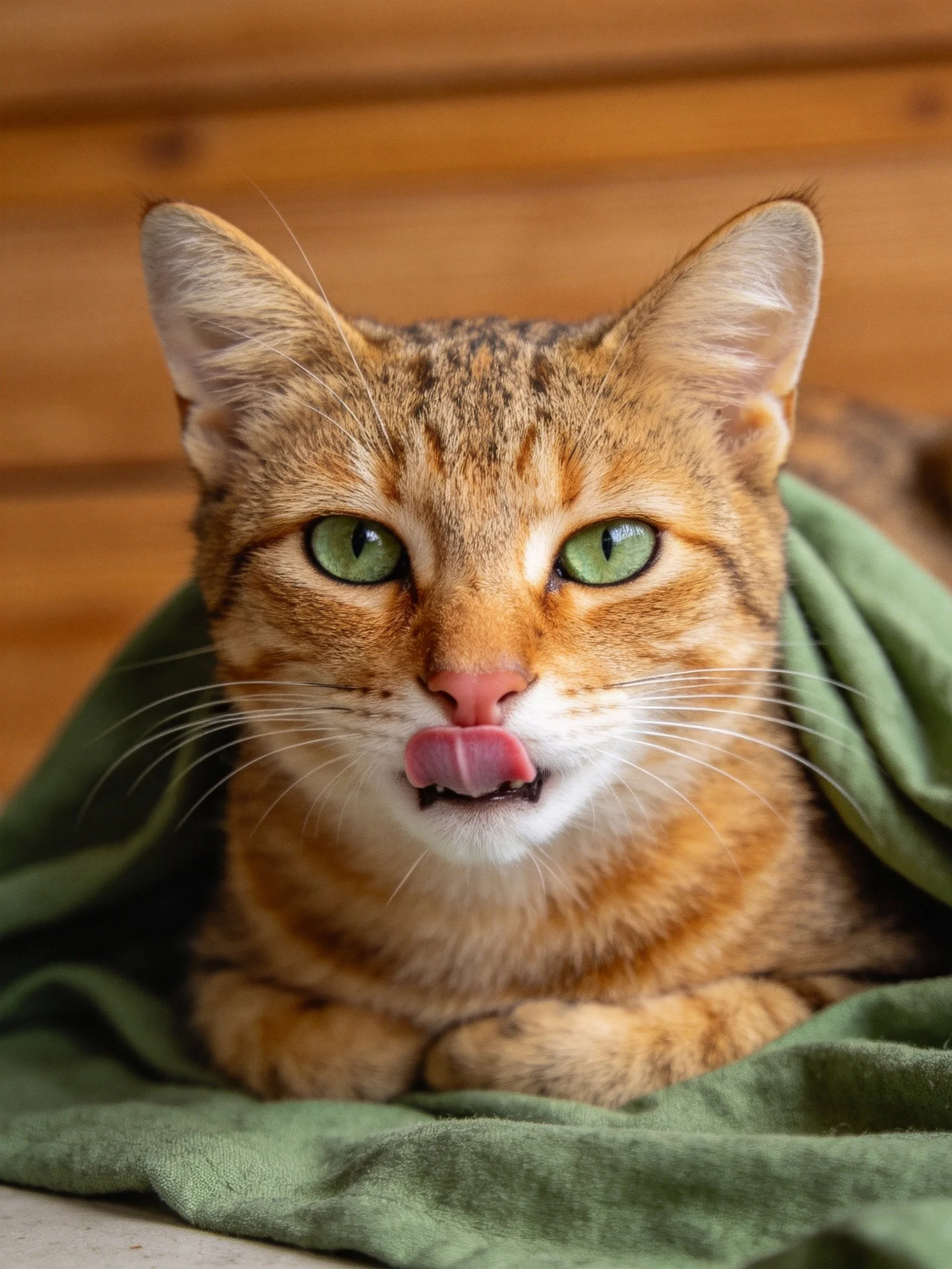 A brown tabby cat licks its nose while wrapped in green fabric near a wooden wall