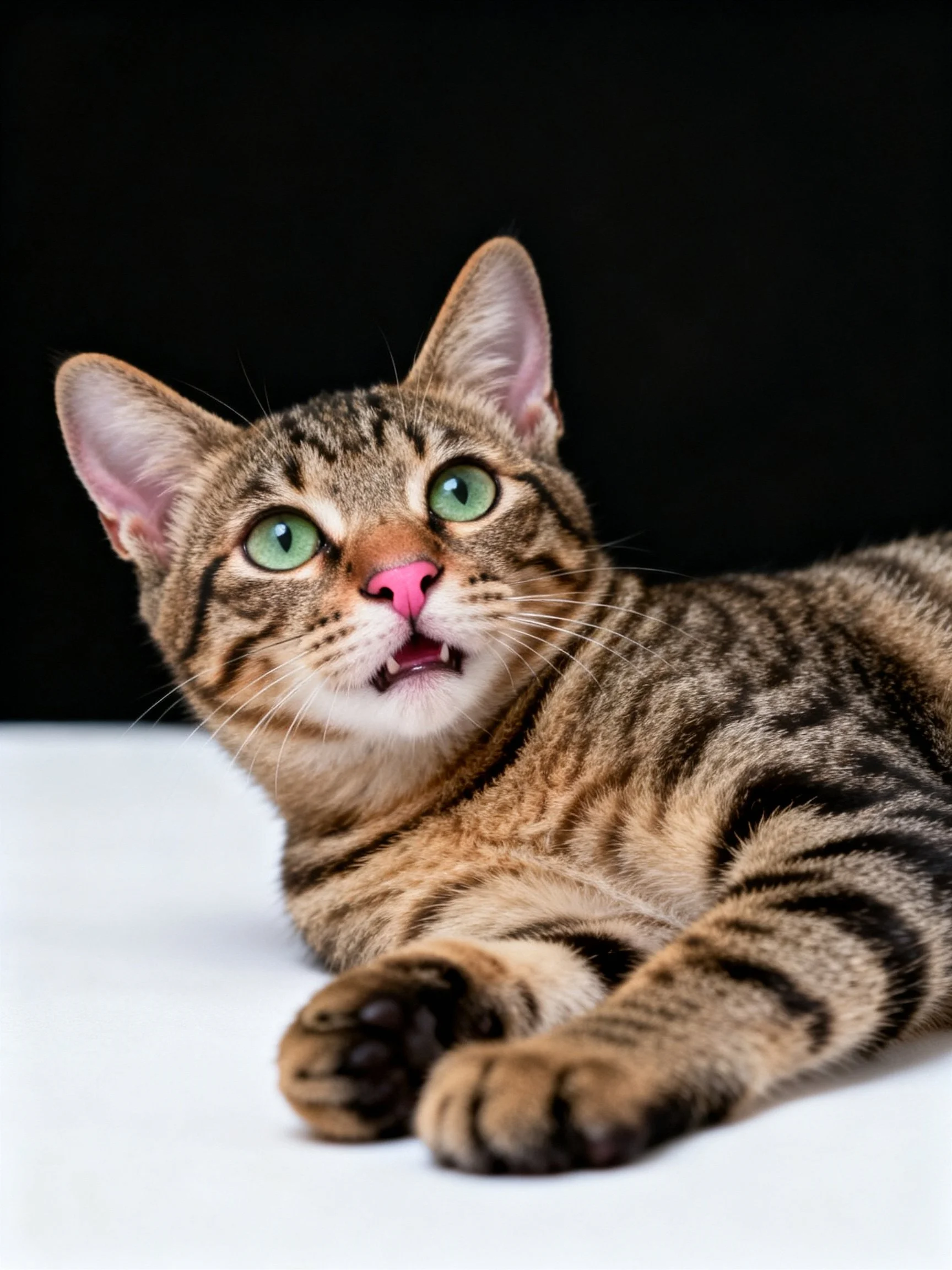 A brown tabby cat with green eyes rests on a white surface, appearing alert.