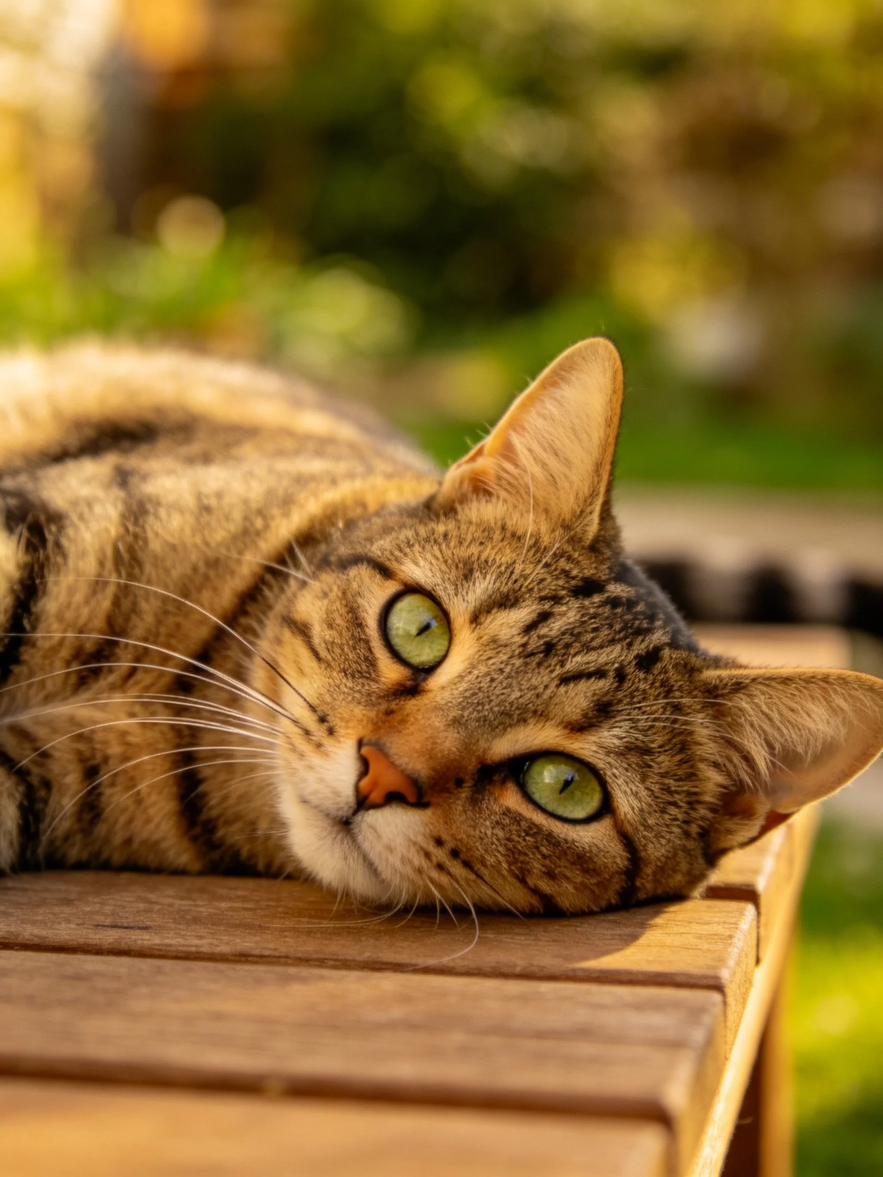 A brown tabby cat with green eyes lies on a wooden outdoor bench