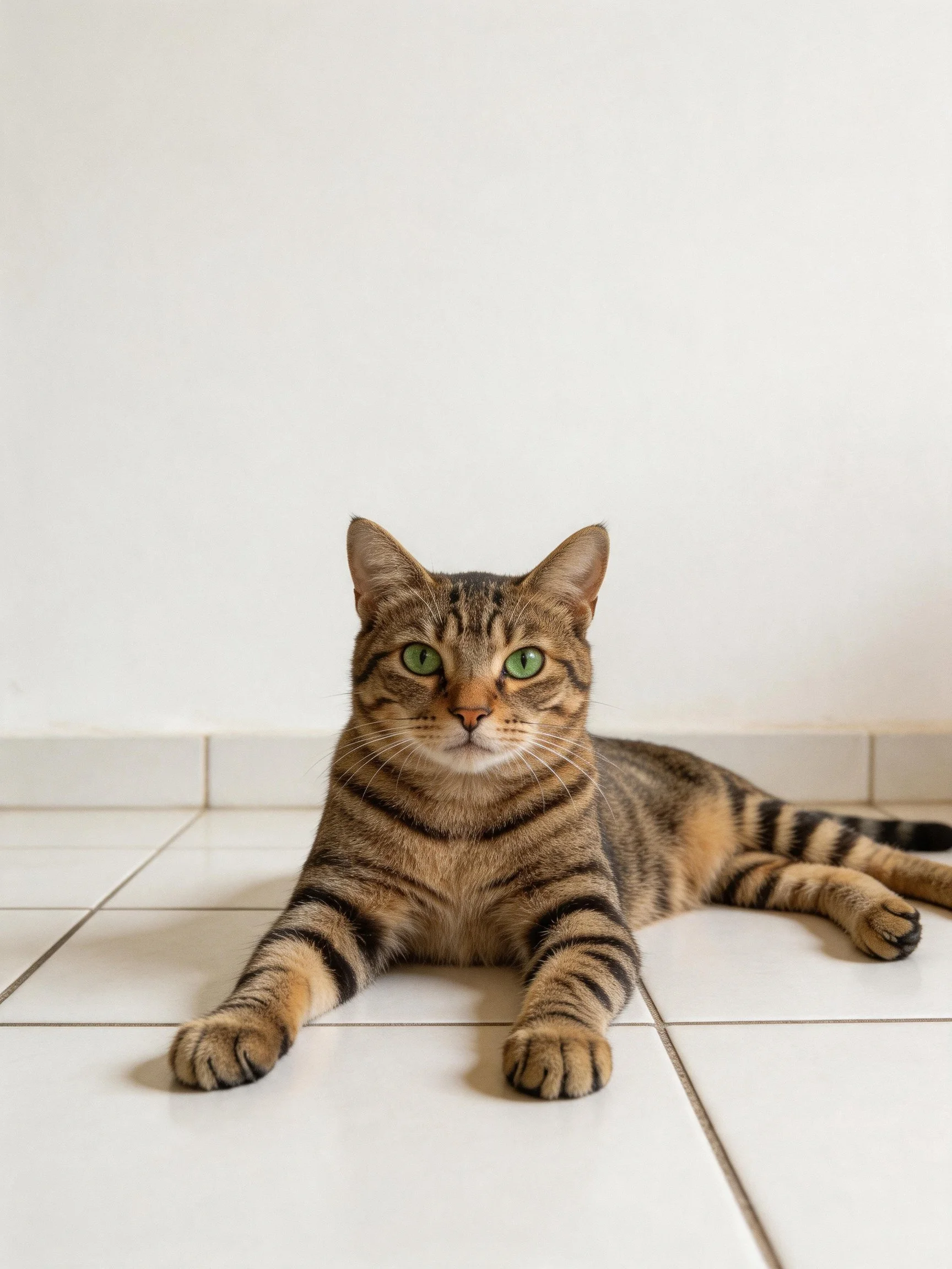 A brown tabby cat with green eyes lies on white tiles near a plain wall