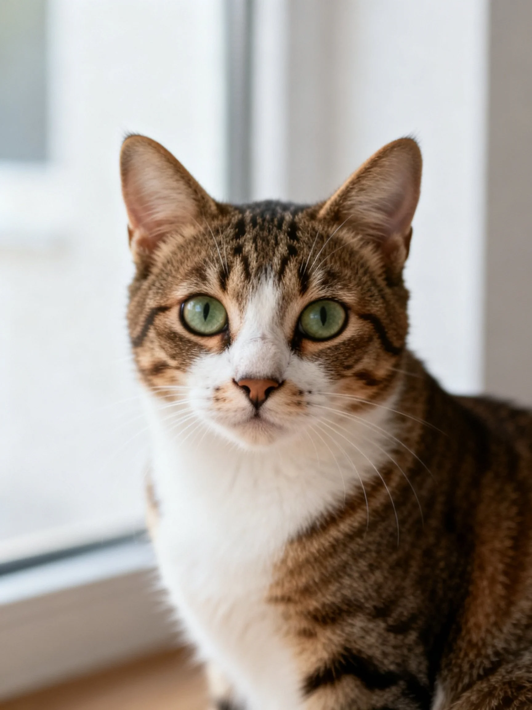 A brown tabby cat with green eyes near a bright window
