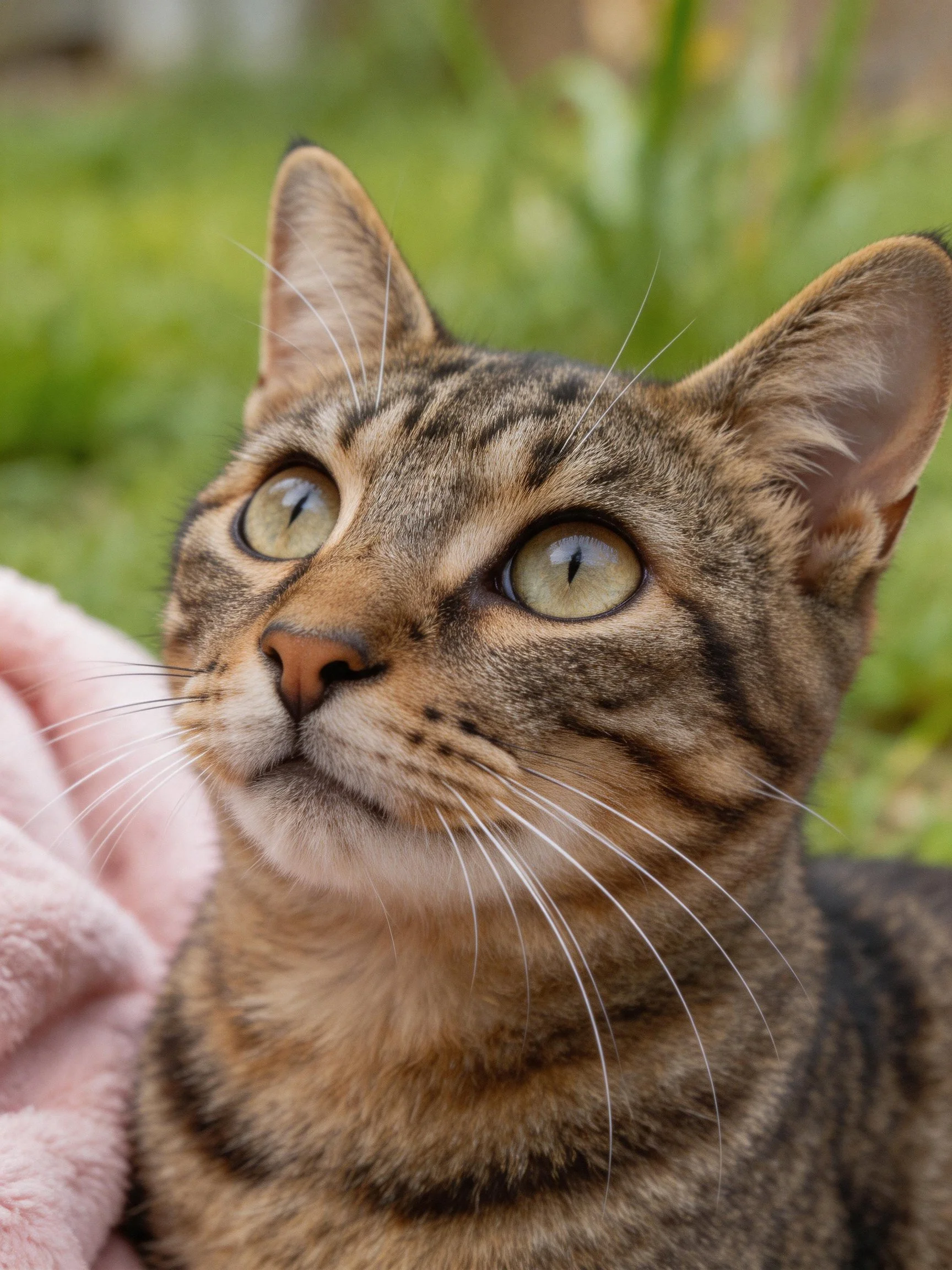 A brown tabby cat with green eyes near a pink blanket outdoors