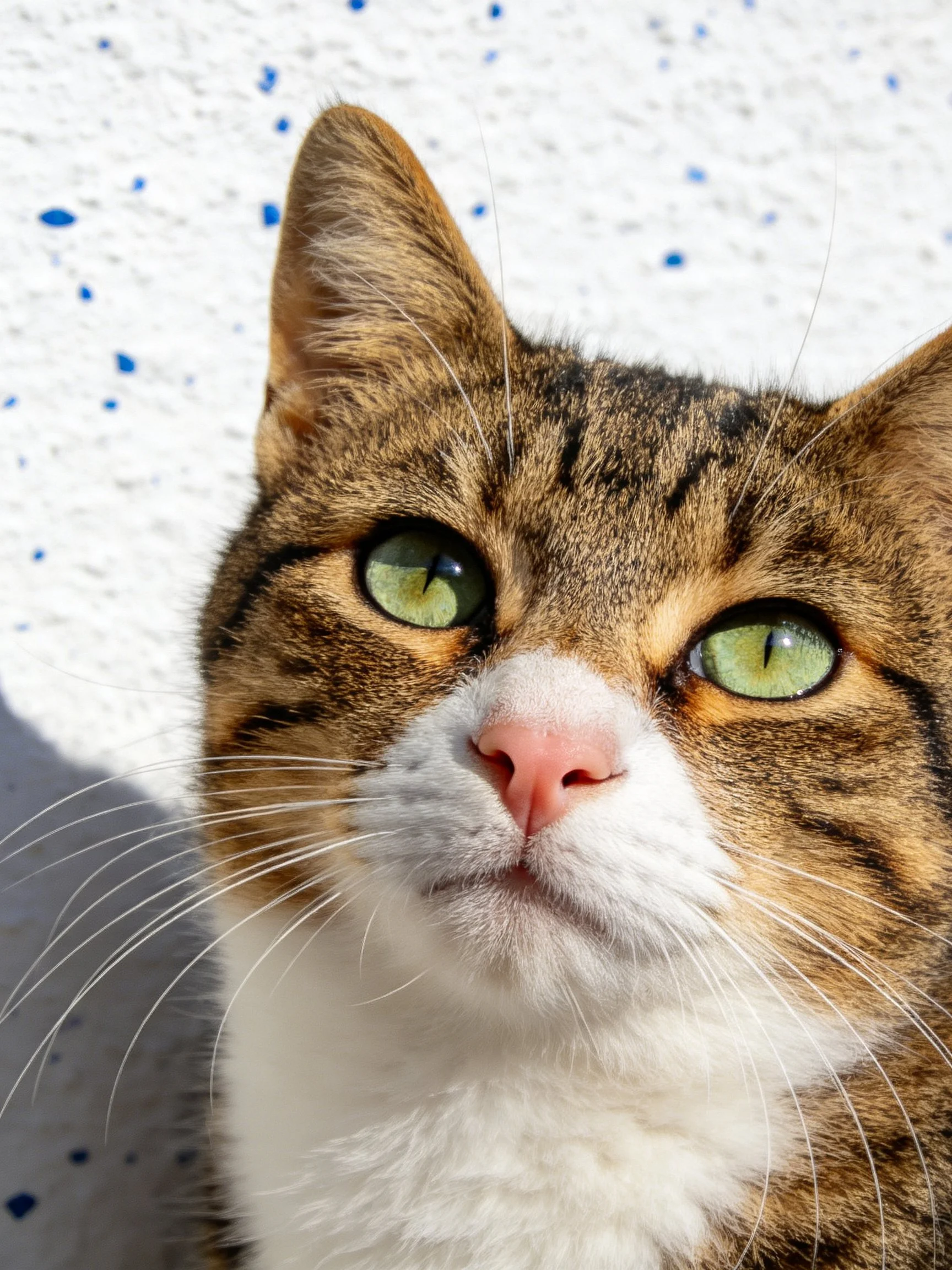 A brown tabby cat with green eyes near a speckled white wall