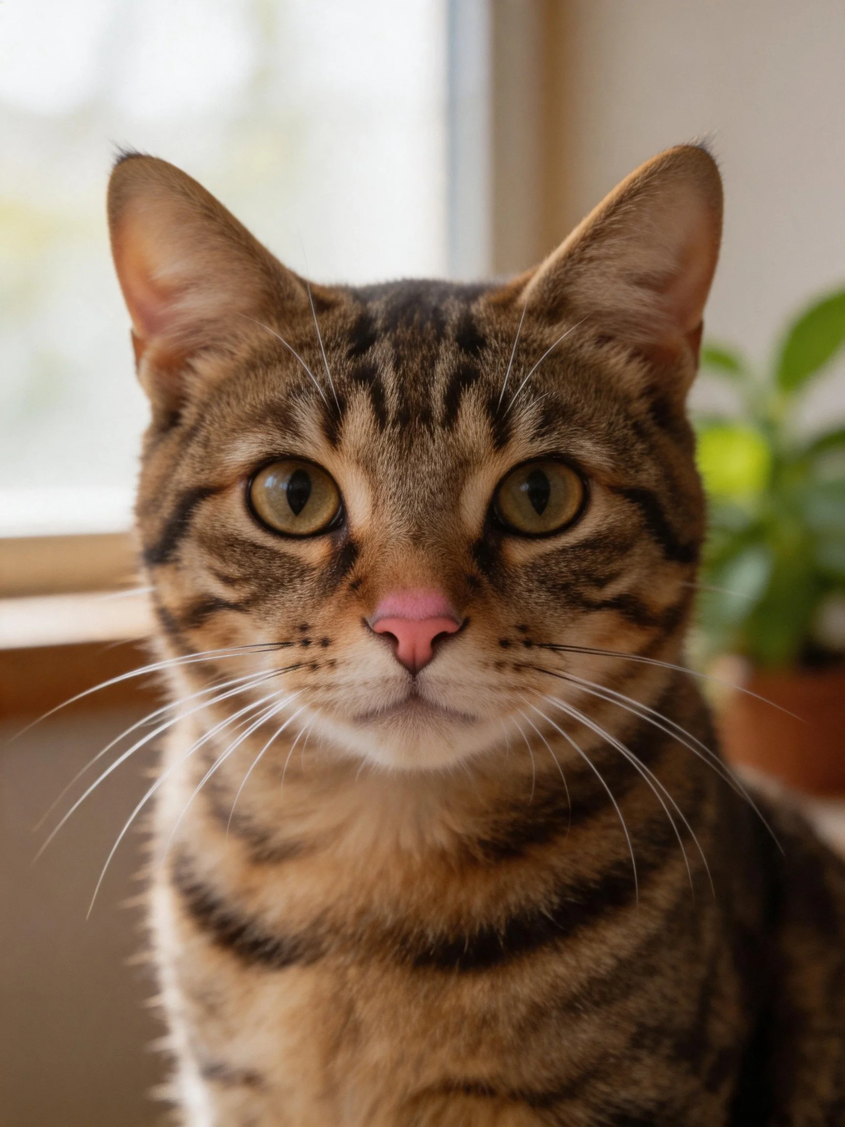 A brown tabby cat with green eyes is near a window.