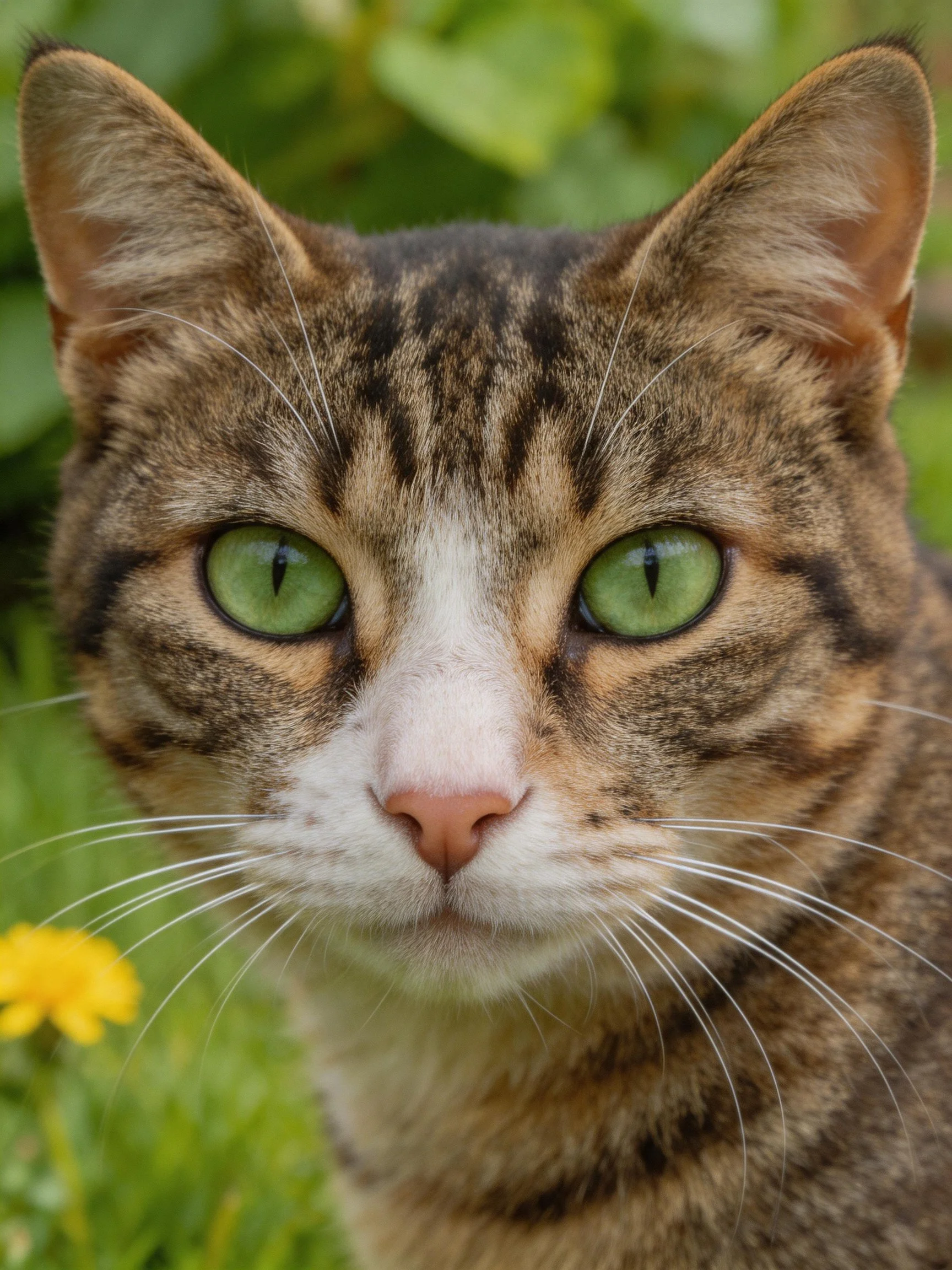 A close - up of a brown tabby cat with green eyes in a garden.