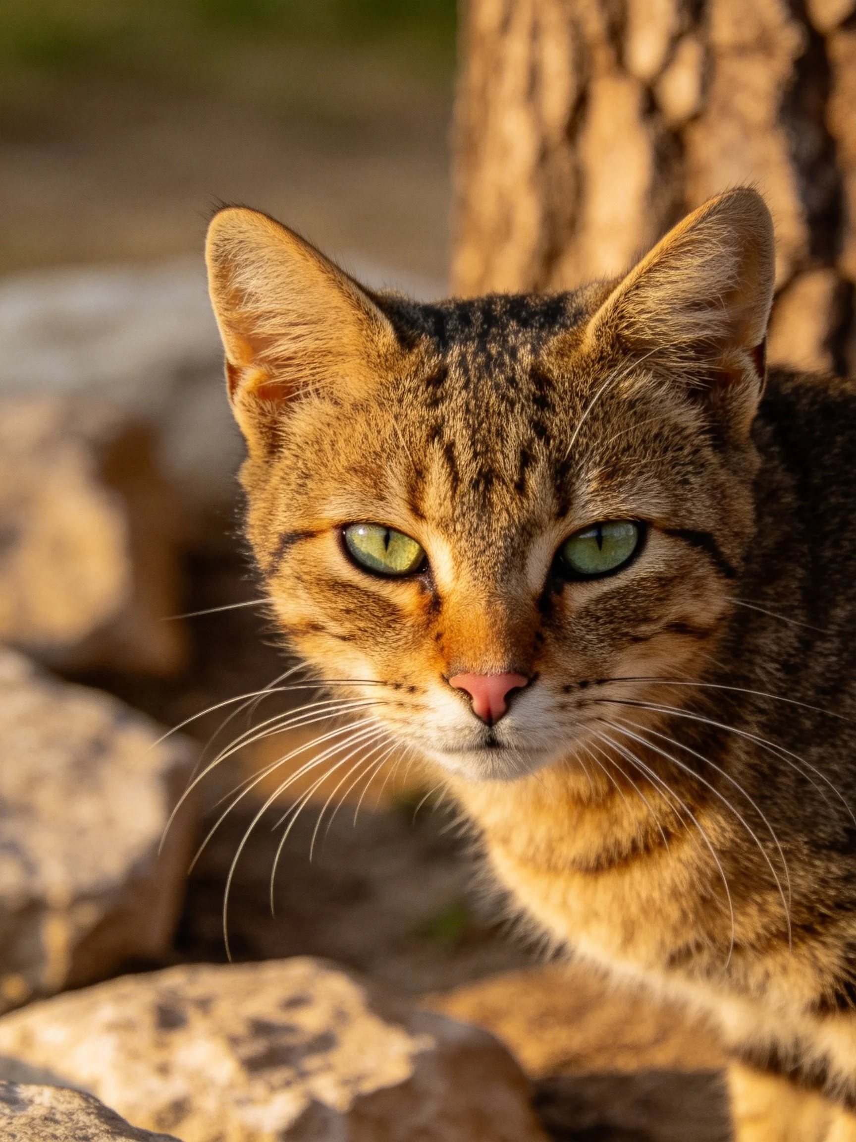 A brown tabby cat with green eyes near rocks and a tree trunk