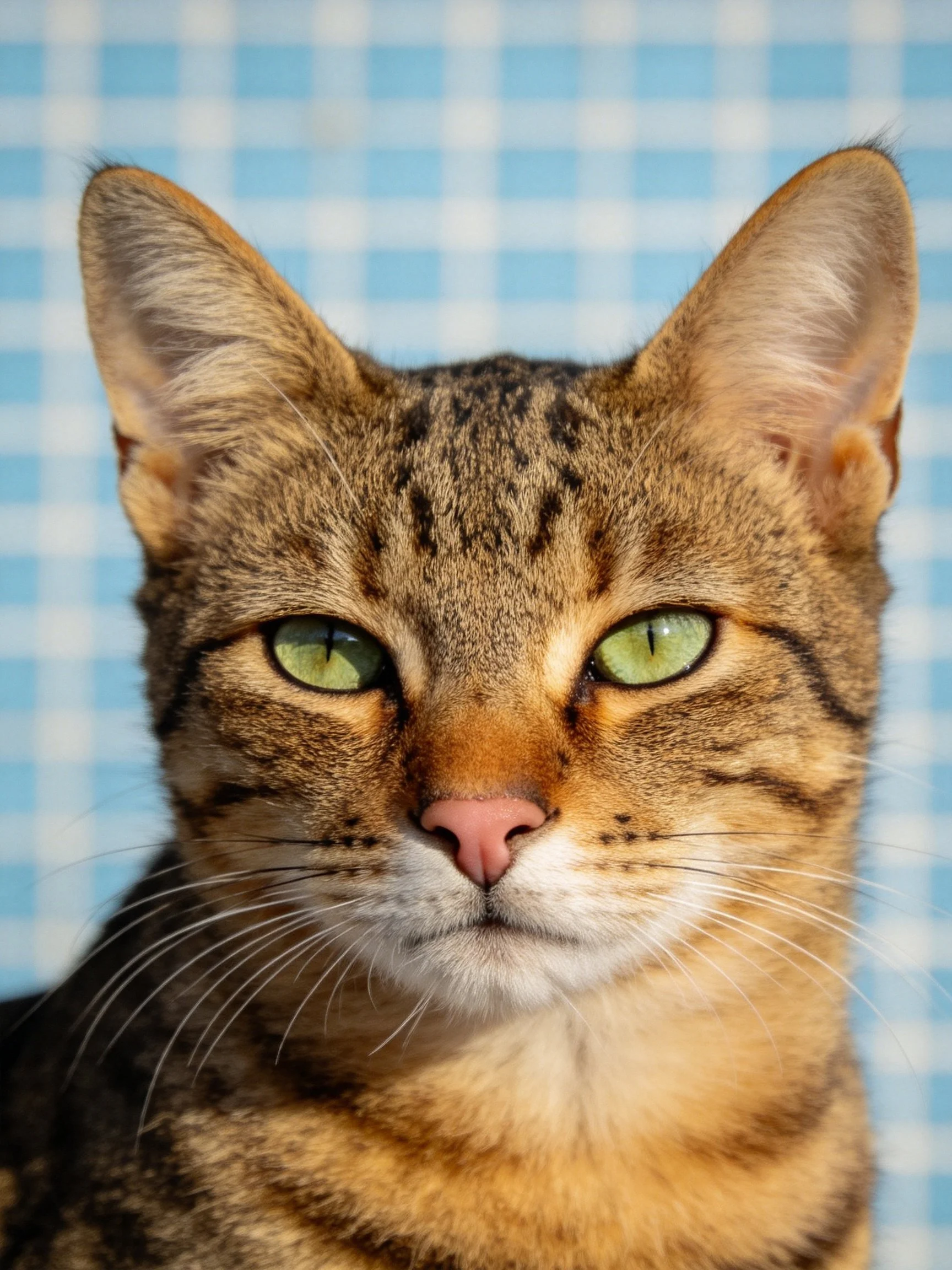 A brown tabby cat with green eyes on a blue checkered background