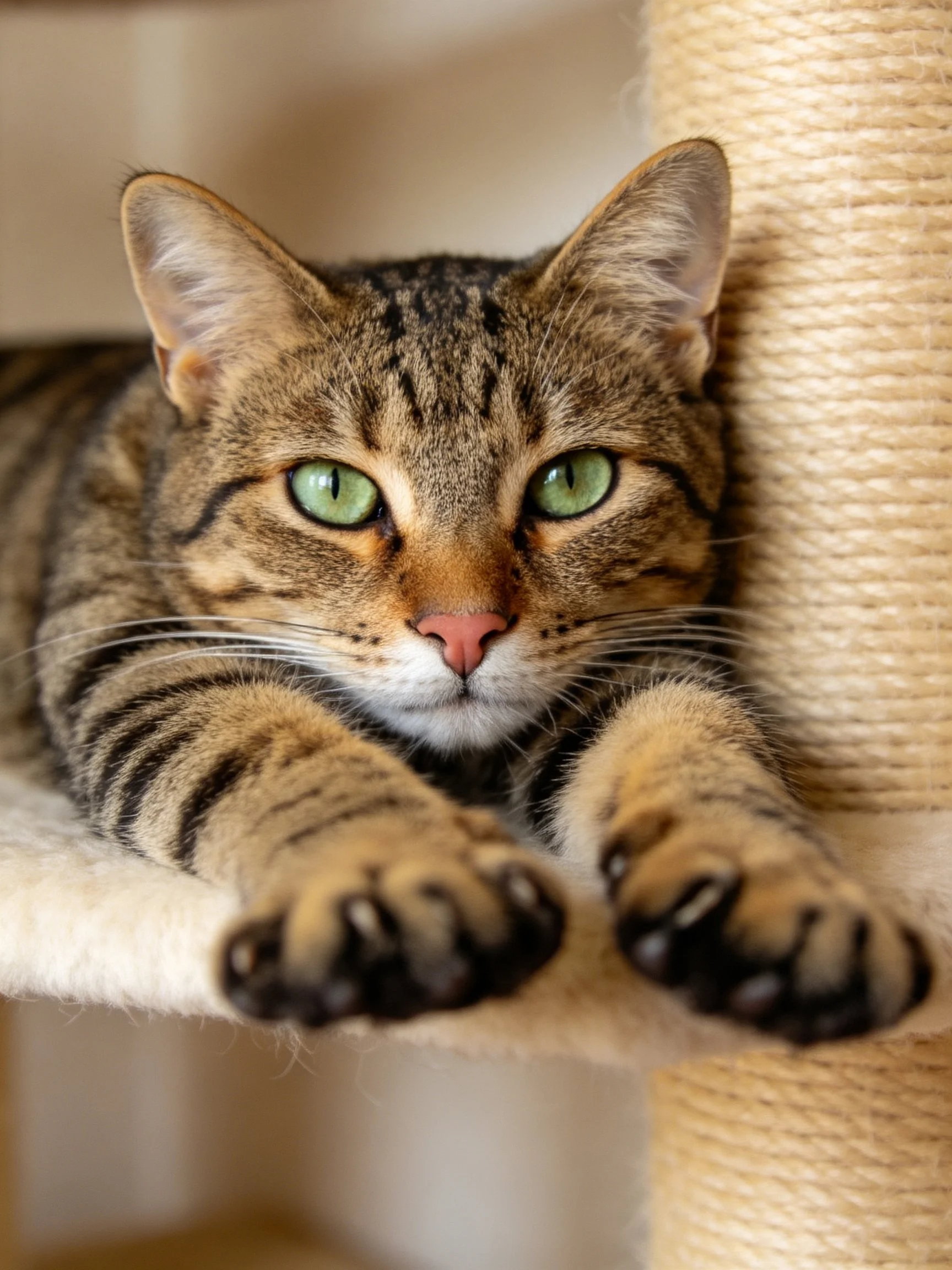 A brown tabby cat with green eyes resting by a scratching post