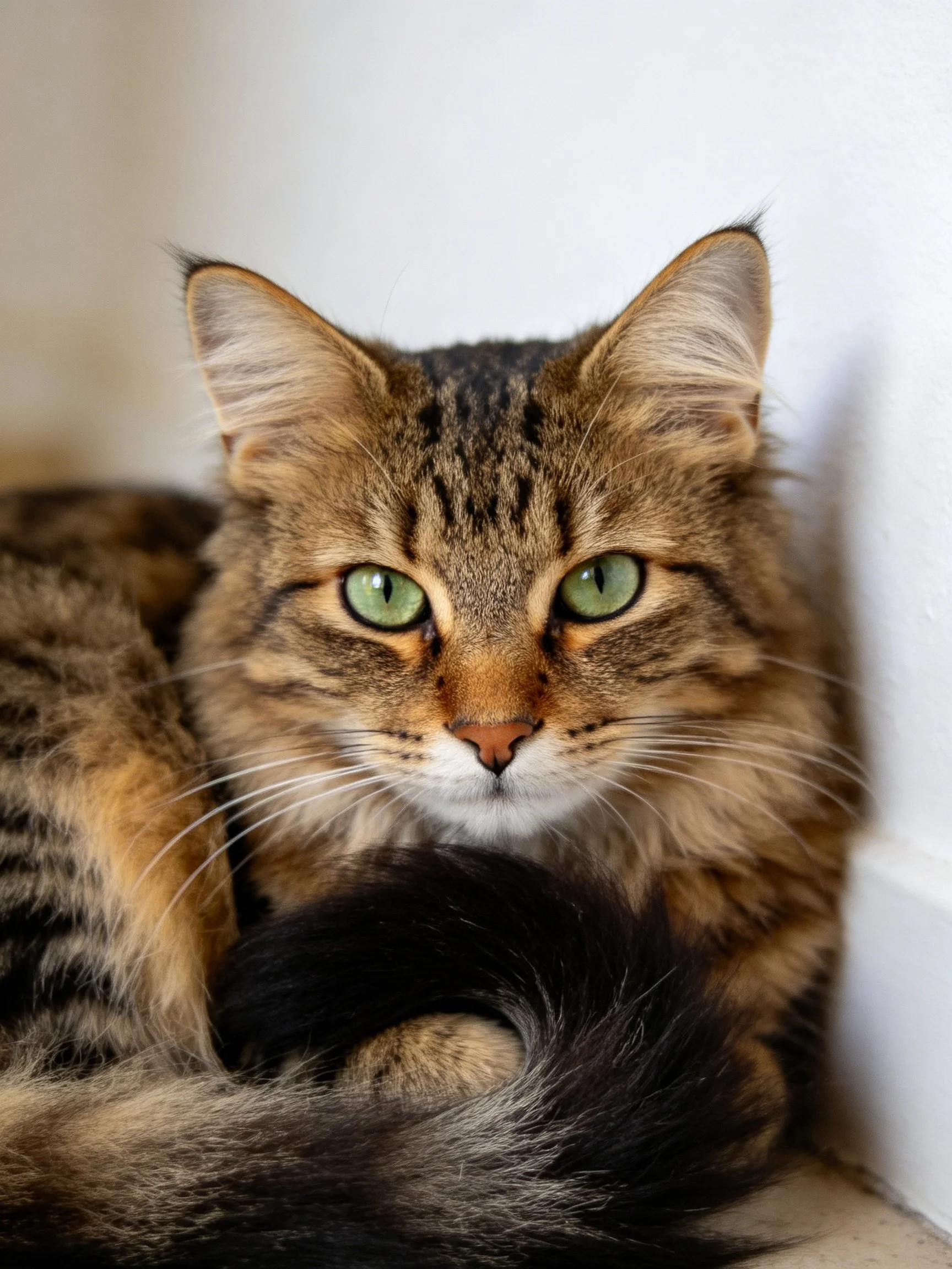 A brown tabby cat with green eyes resting near a white wall