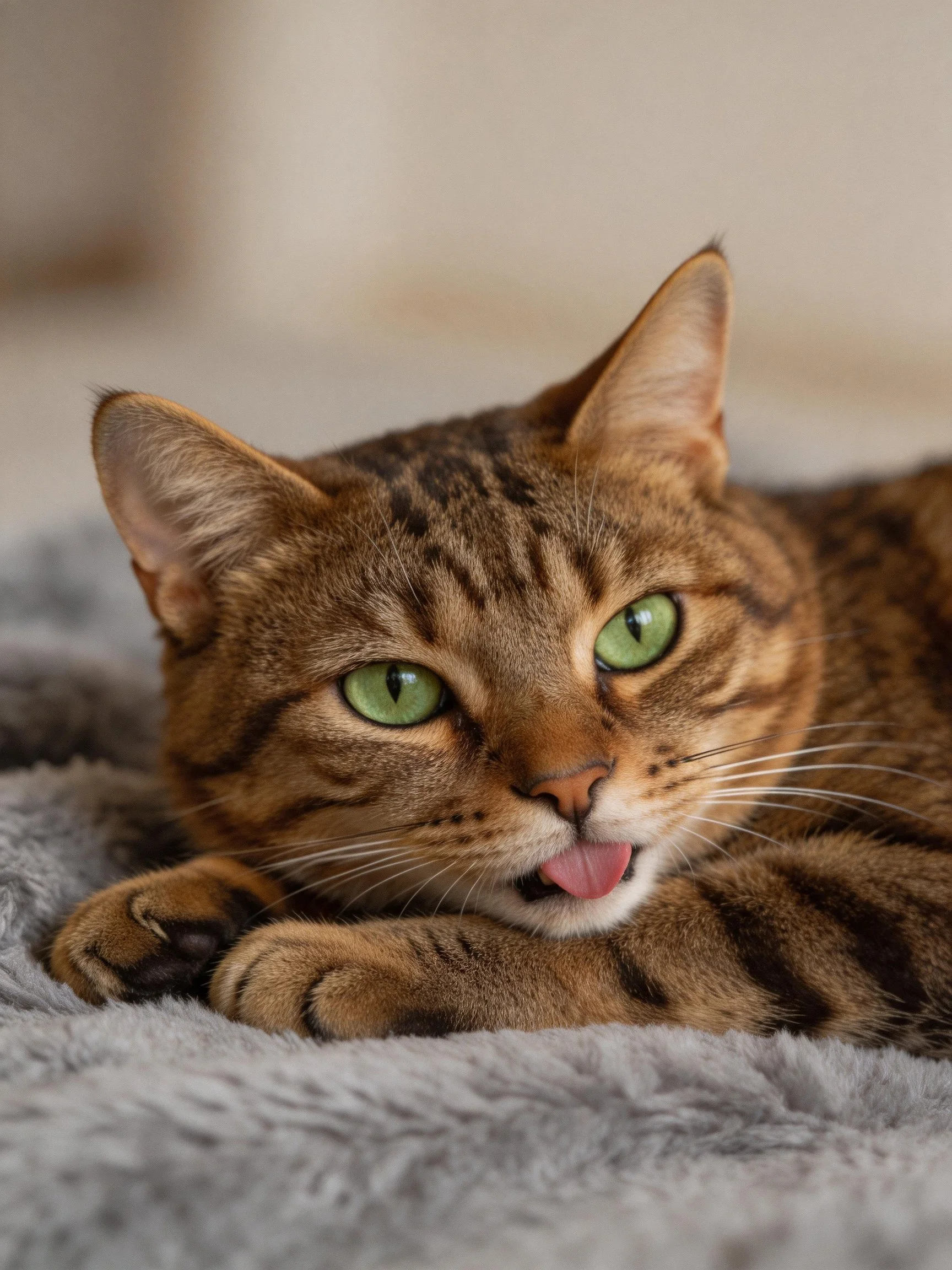 A brown tabby cat with green eyes relaxes on a soft gray blanket.