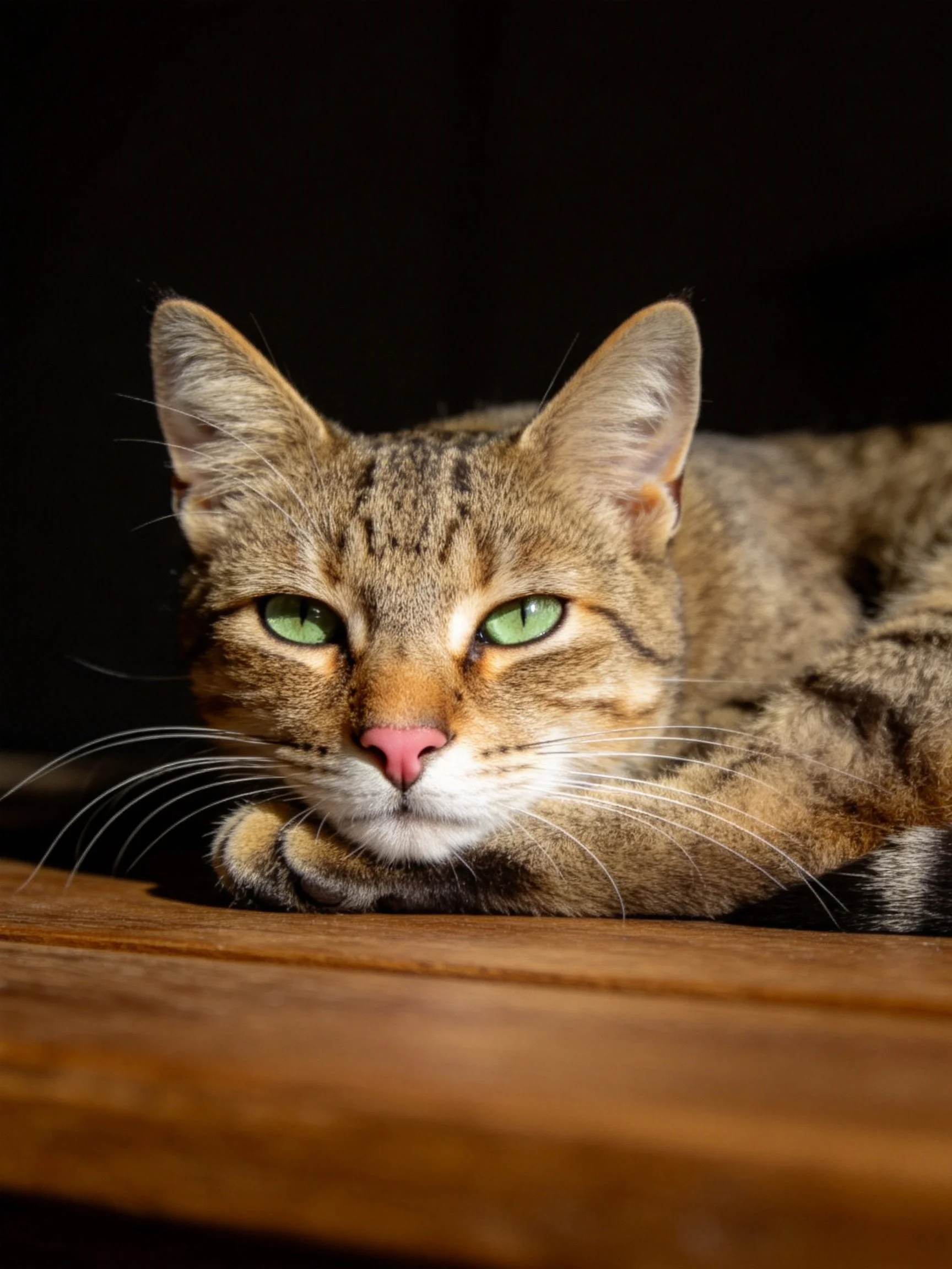 A brown tabby cat with green eyes relaxes on a wooden surface amid darkness.