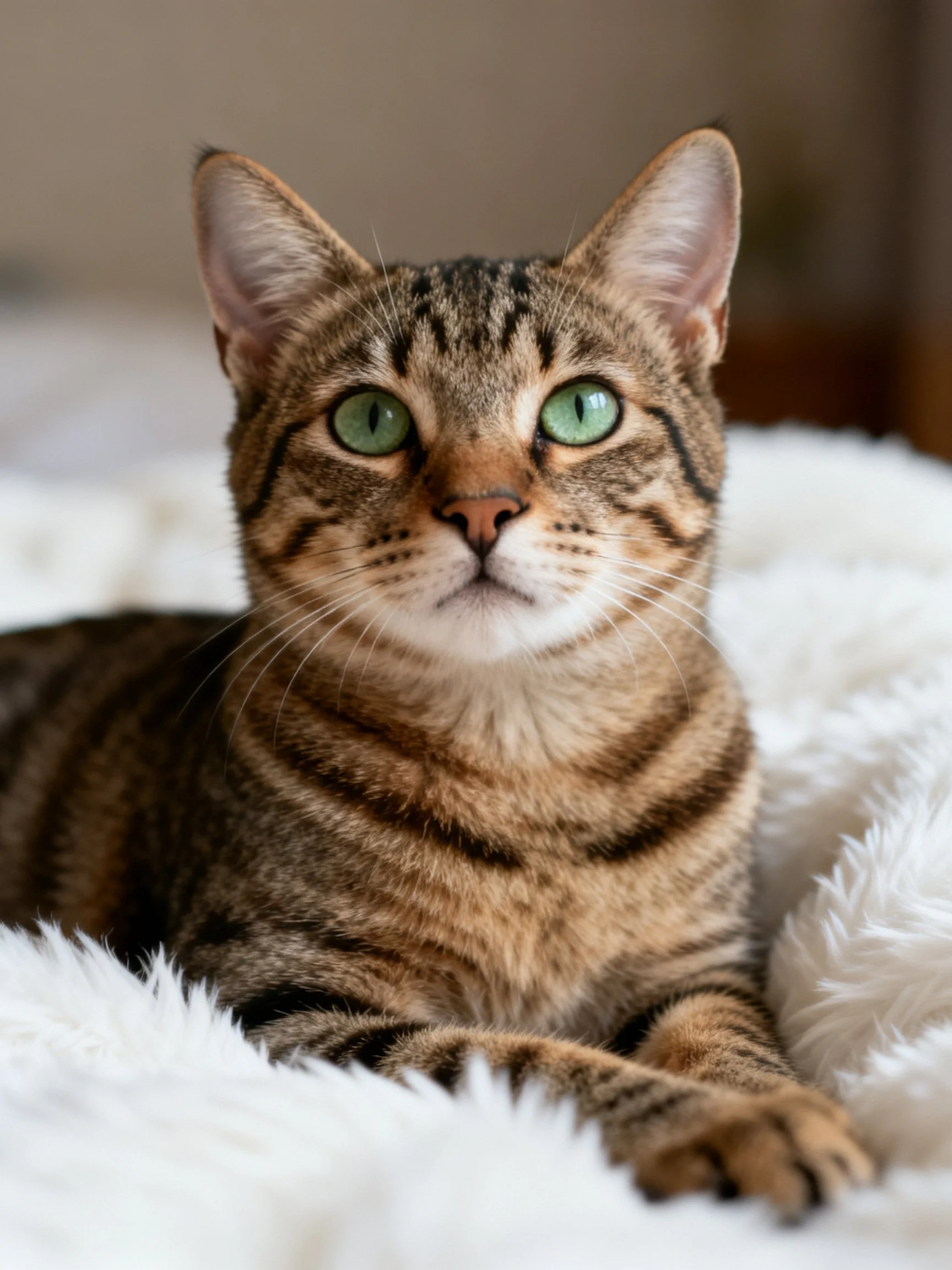 A brown tabby cat with green eyes relaxes on soft white fabric.