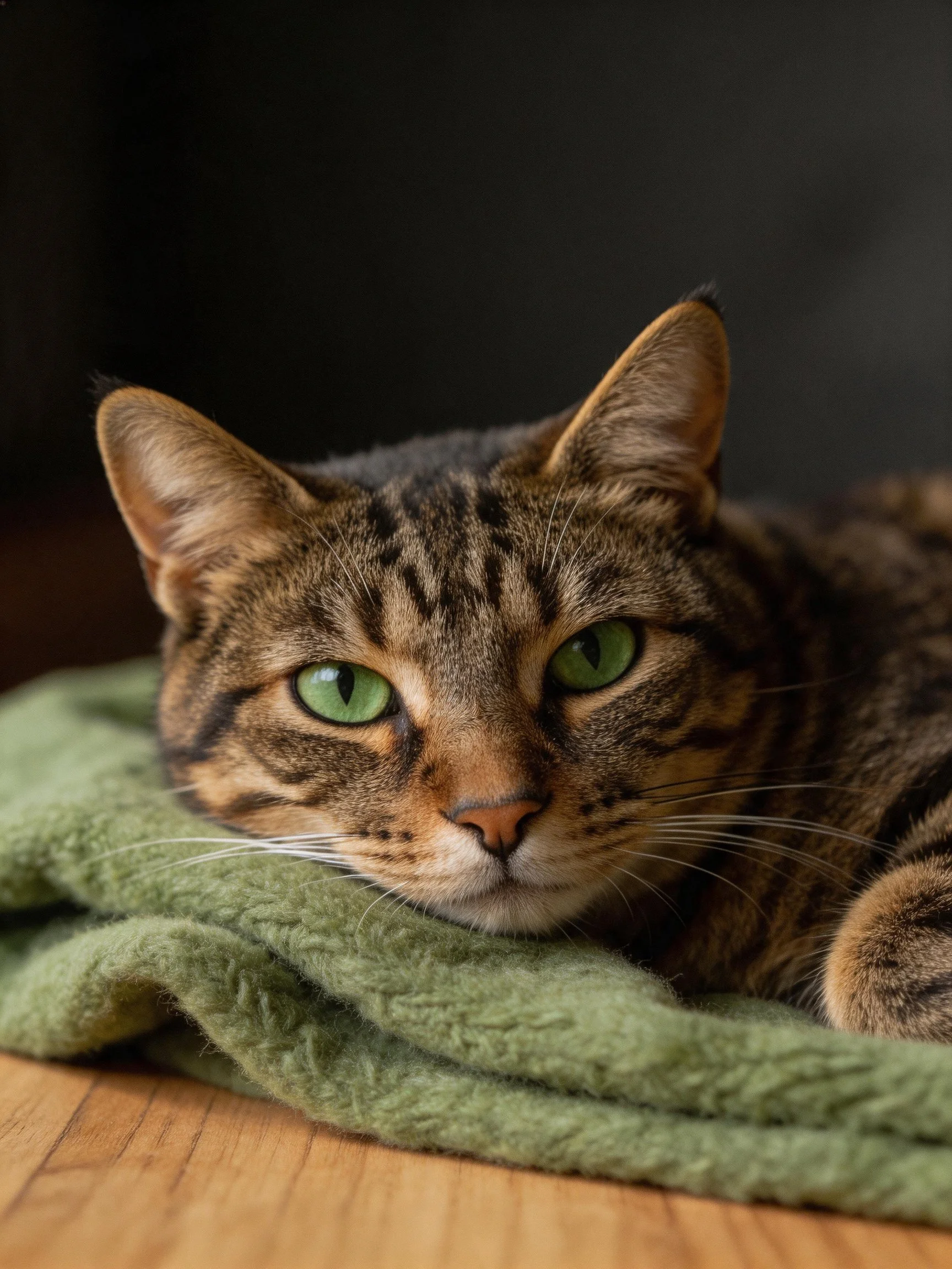 A brown tabby cat with green eyes rests on a soft green towel