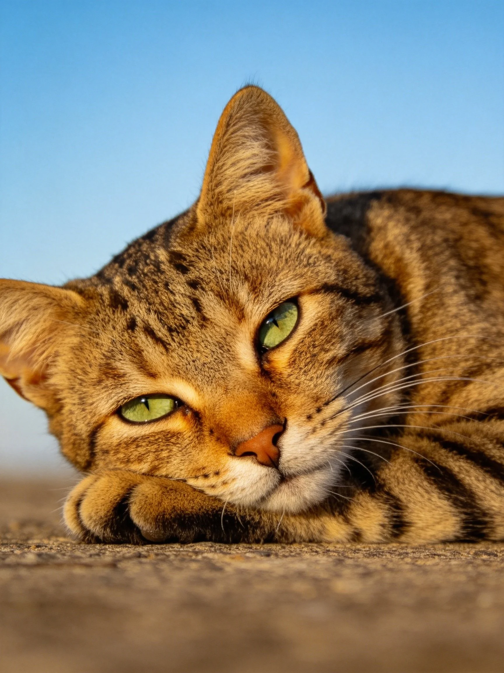 A brown tabby cat with green eyes relaxes outdoors.