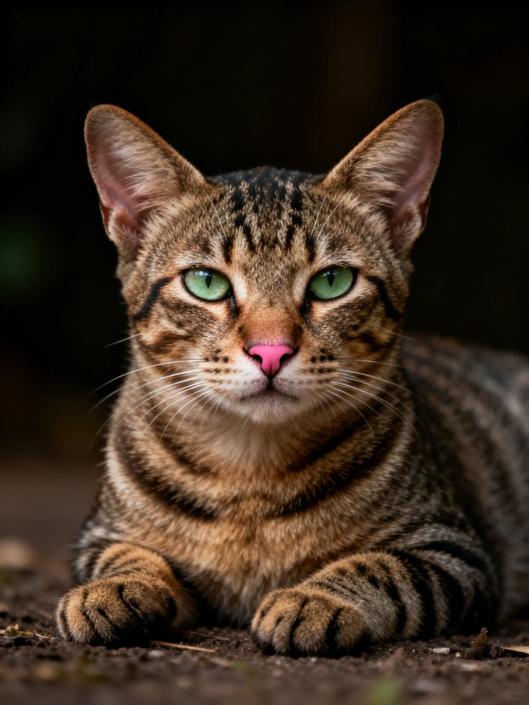 A brown tabby cat with green eyes lies on dark soil
