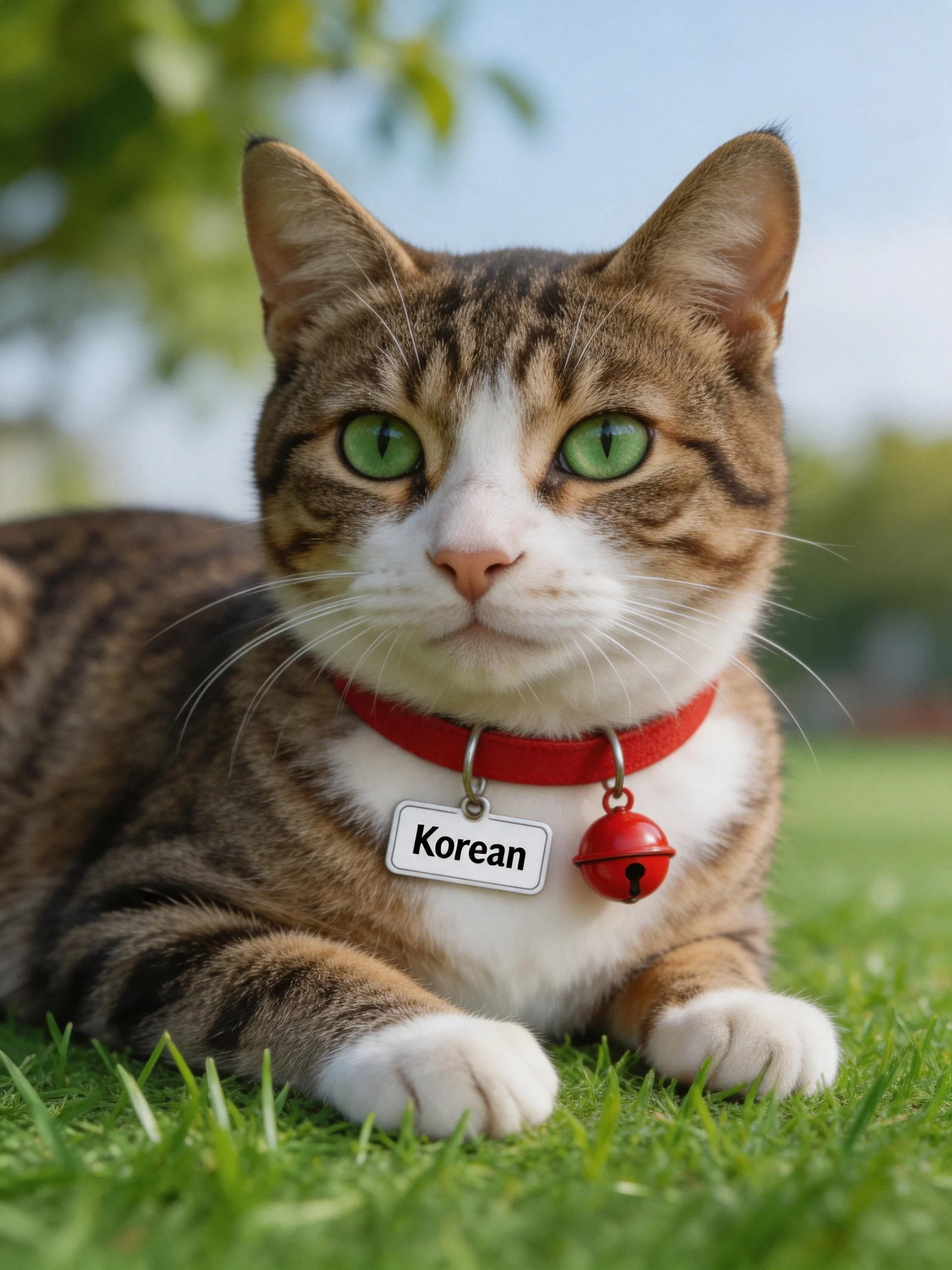 A brown tabby cat with green eyes relaxes on grass with a red collar and name tag