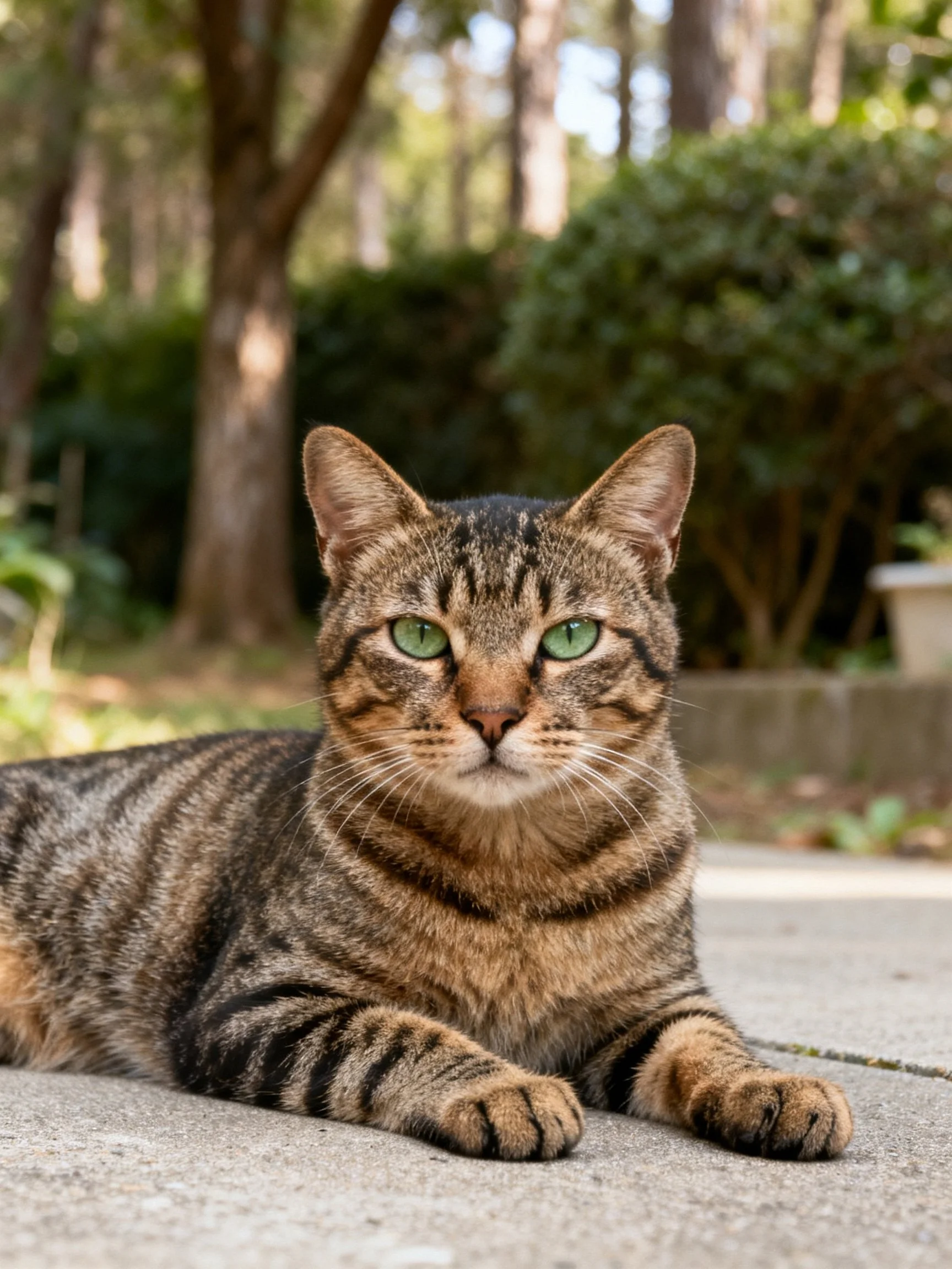 A brown tabby cat with green eyes relaxes on pavement amid trees and foliage.