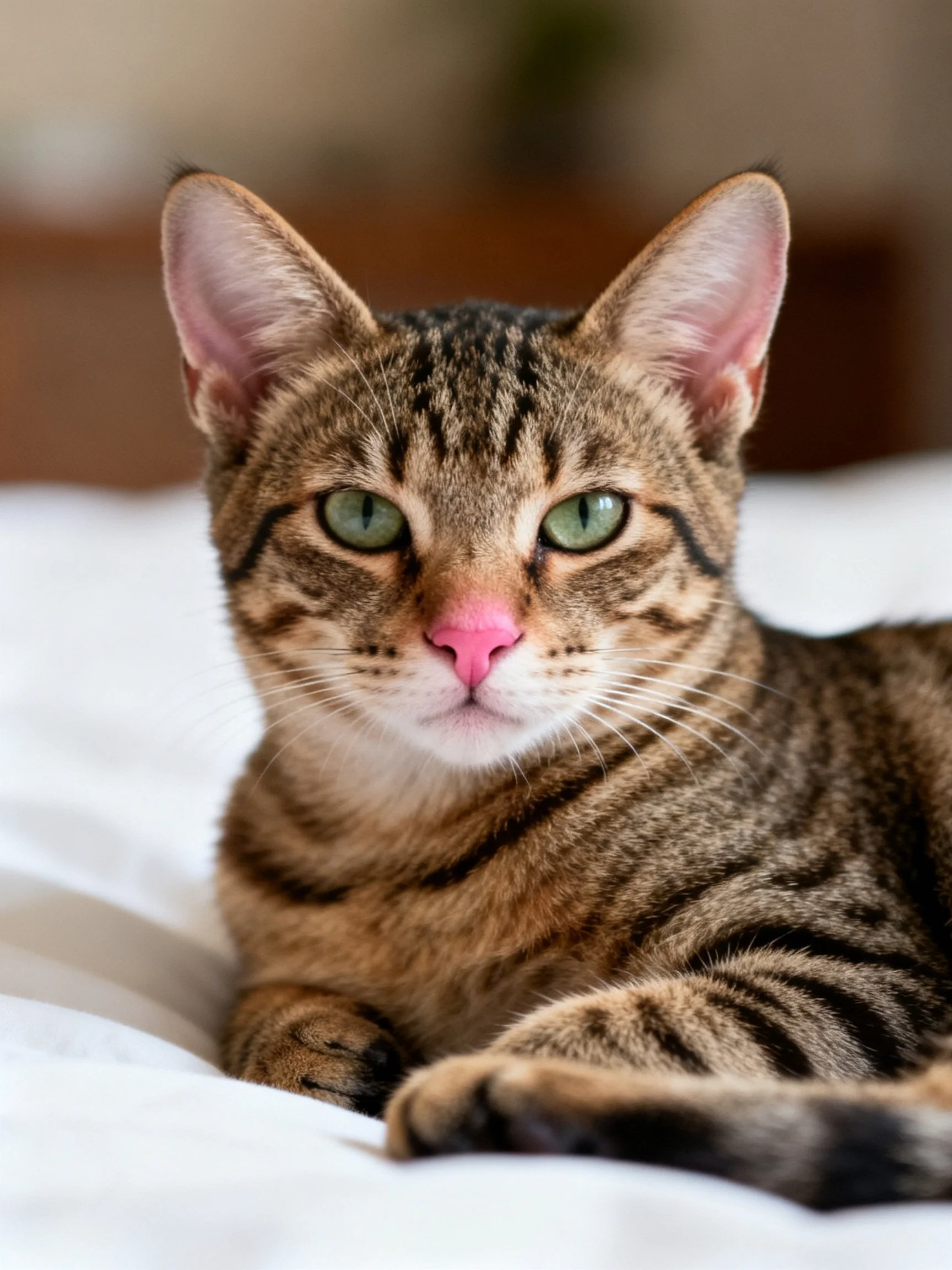 A brown tabby cat with green eyes lies on white bedding.