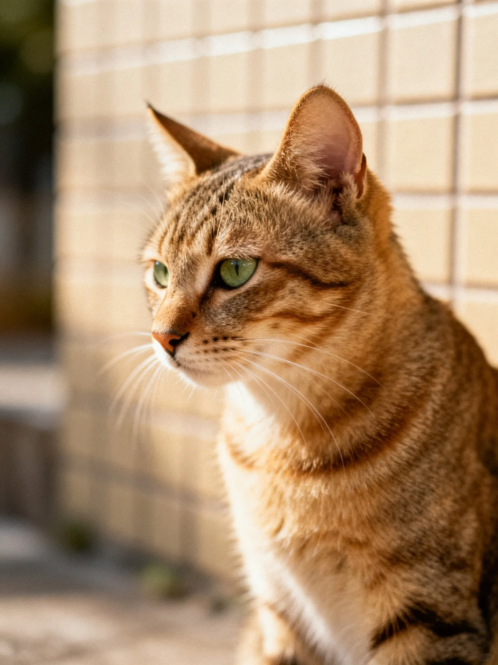 A brown tabby cat with green eyes sits by a tiled wall