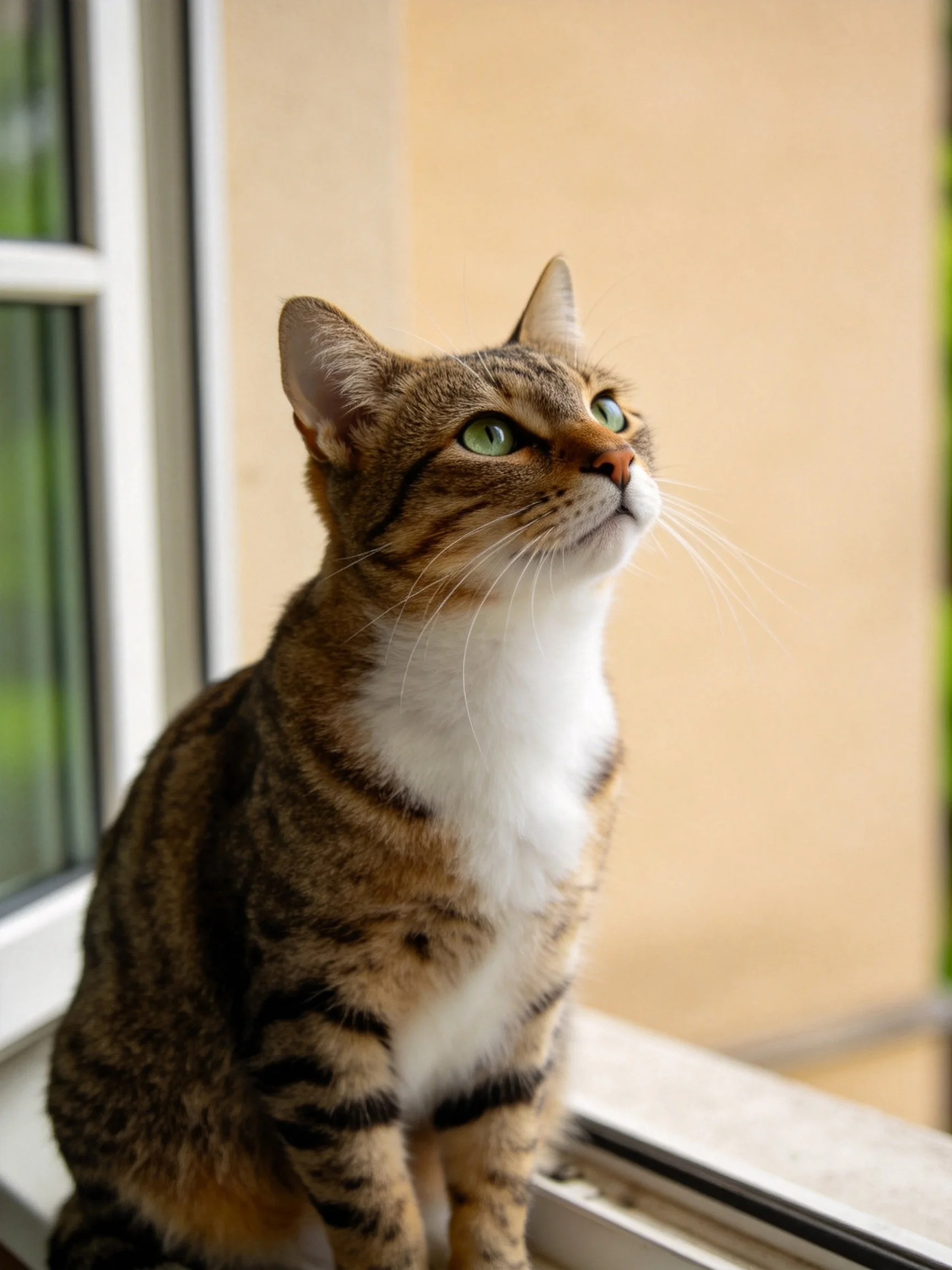 A brown tabby cat with green eyes sits by an open window