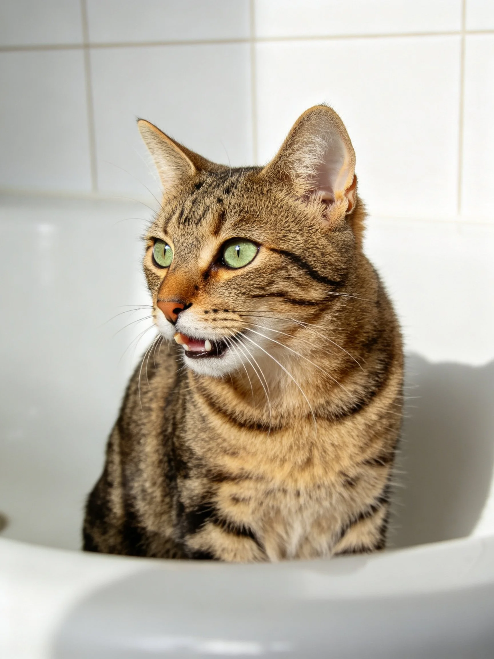 A brown tabby cat with green eyes sits in a white bathtub