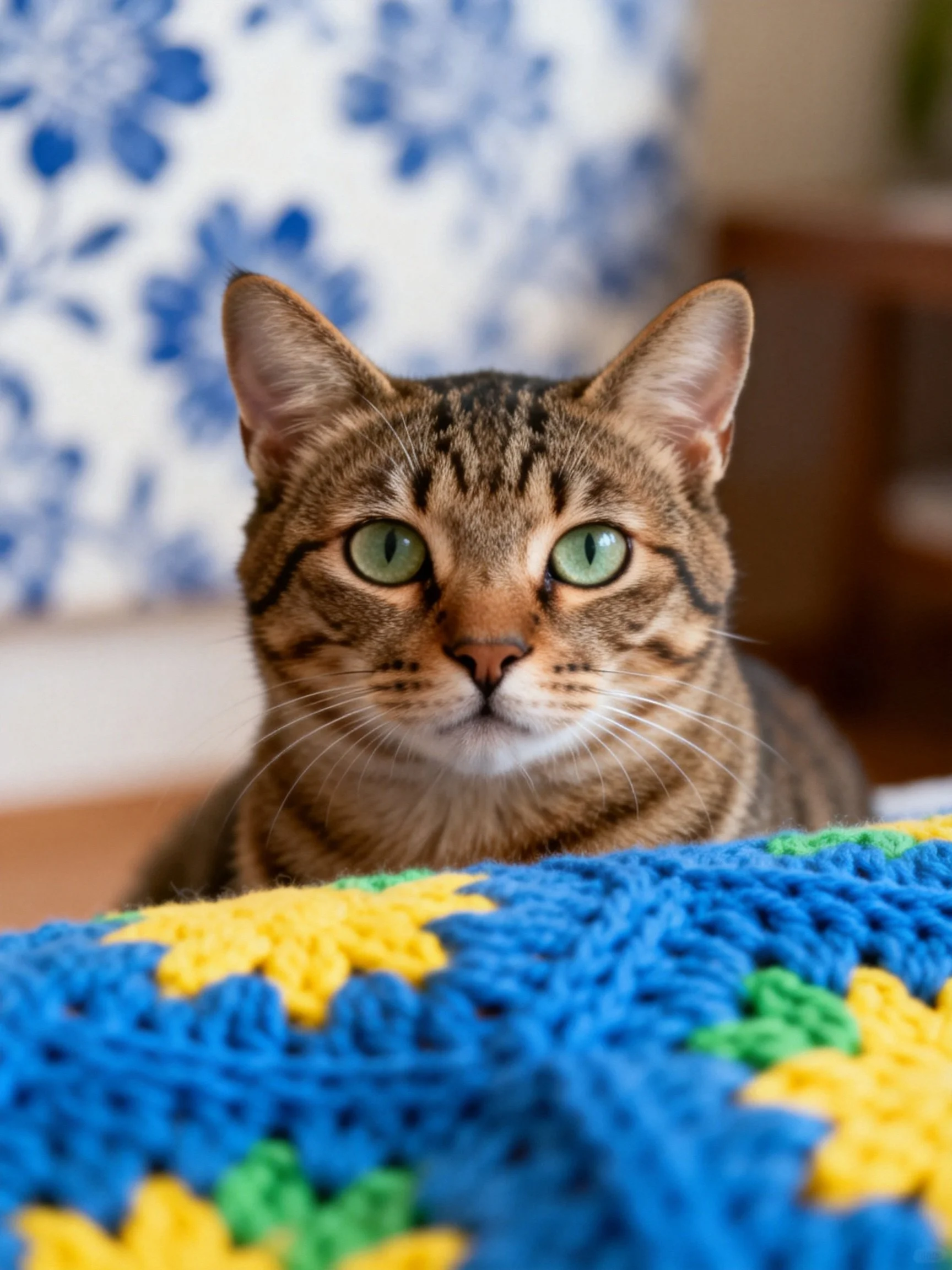 A brown tabby cat with green eyes sits near a colorful crocheted blanket