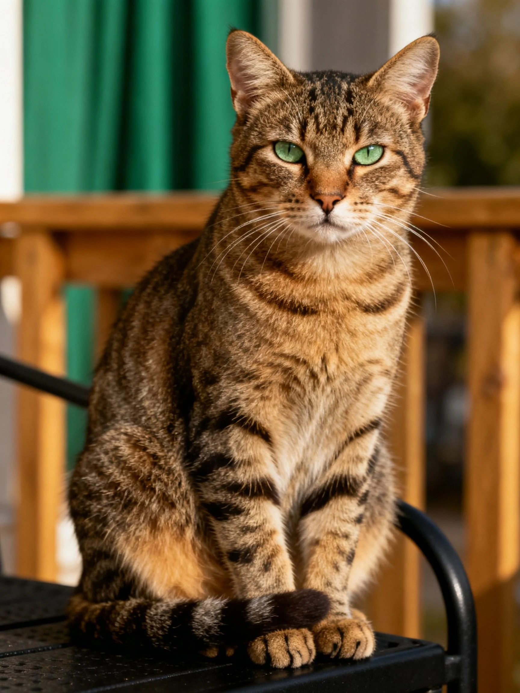 A brown tabby cat with green eyes sits on a black chair