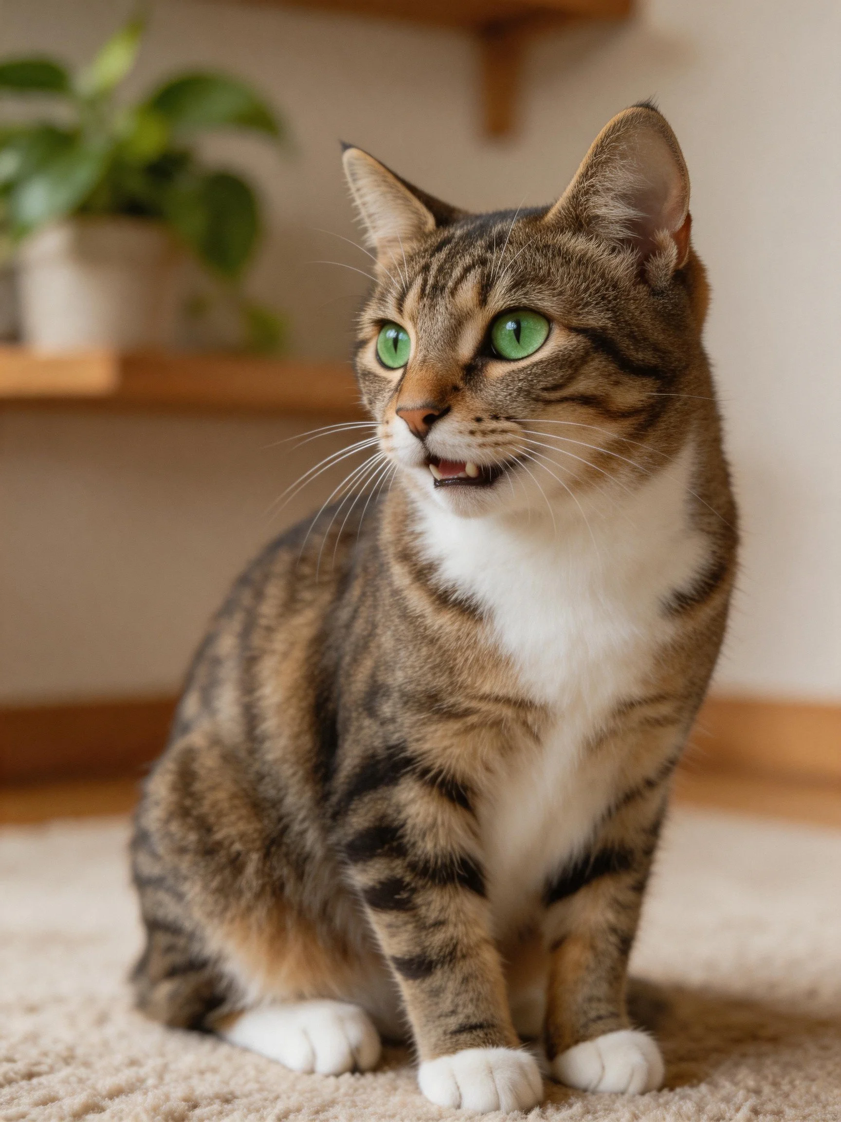 A brown tabby cat with green eyes sits calmly on a carpeted indoor space.