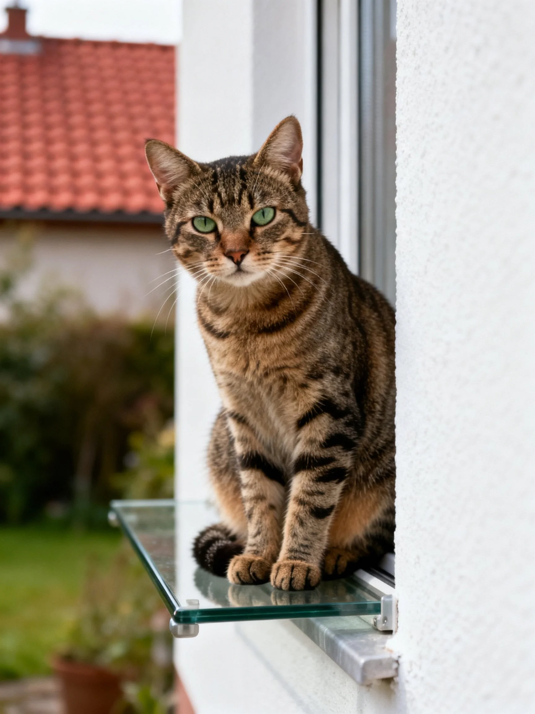 A brown tabby cat with green eyes sits on a glass windowsill