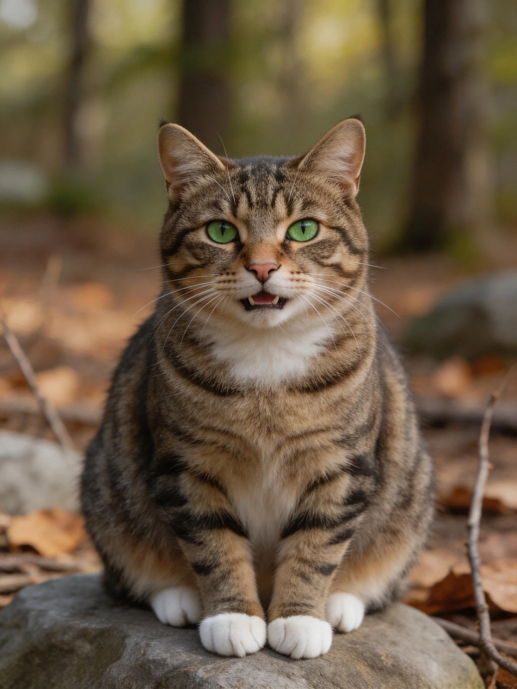 A brown tabby cat with green eyes rests on a rock in a forested area with fallen leaves.